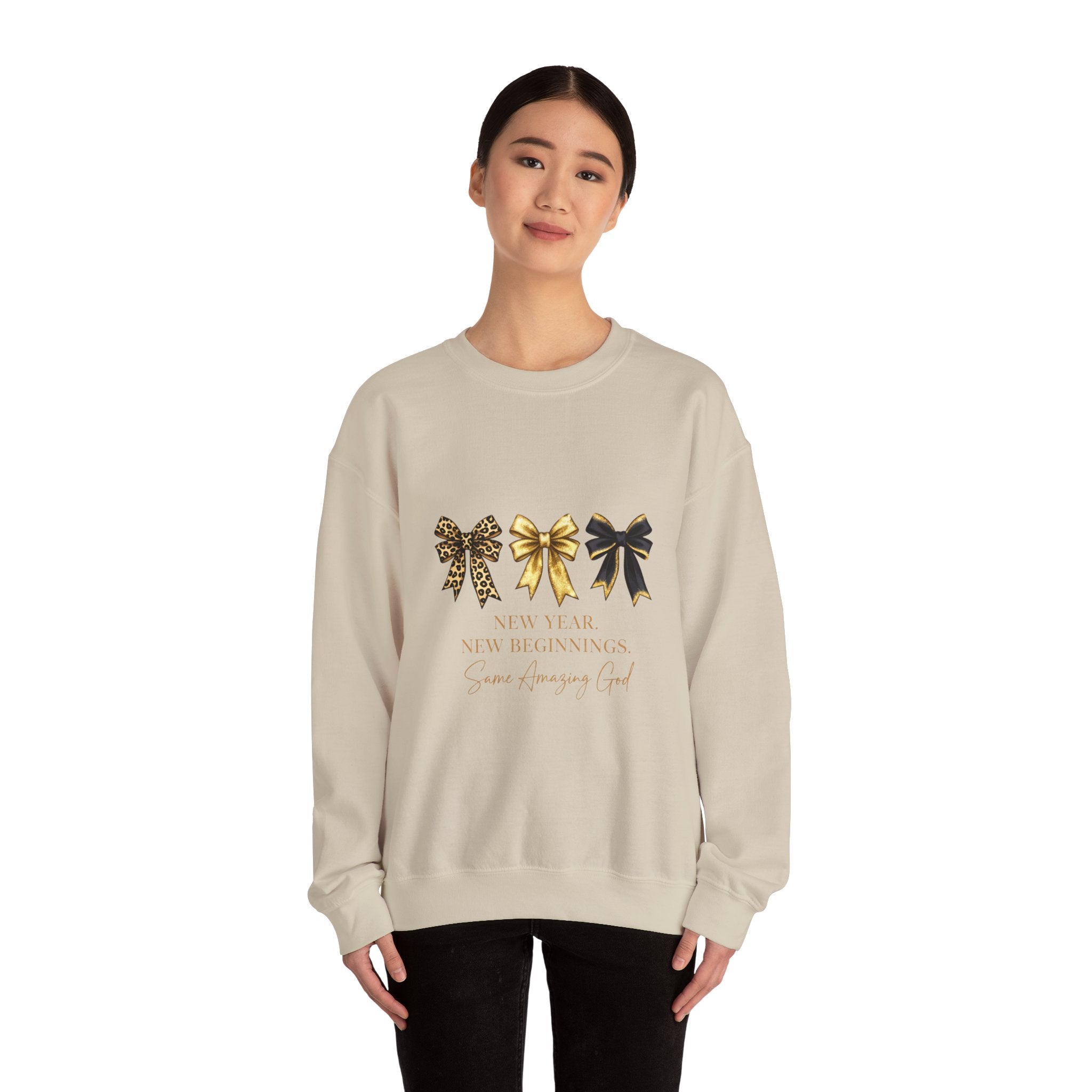 New Year Bows Crewneck Sweatshirt — “New Year New Beginnings” Glitter Bow Design
