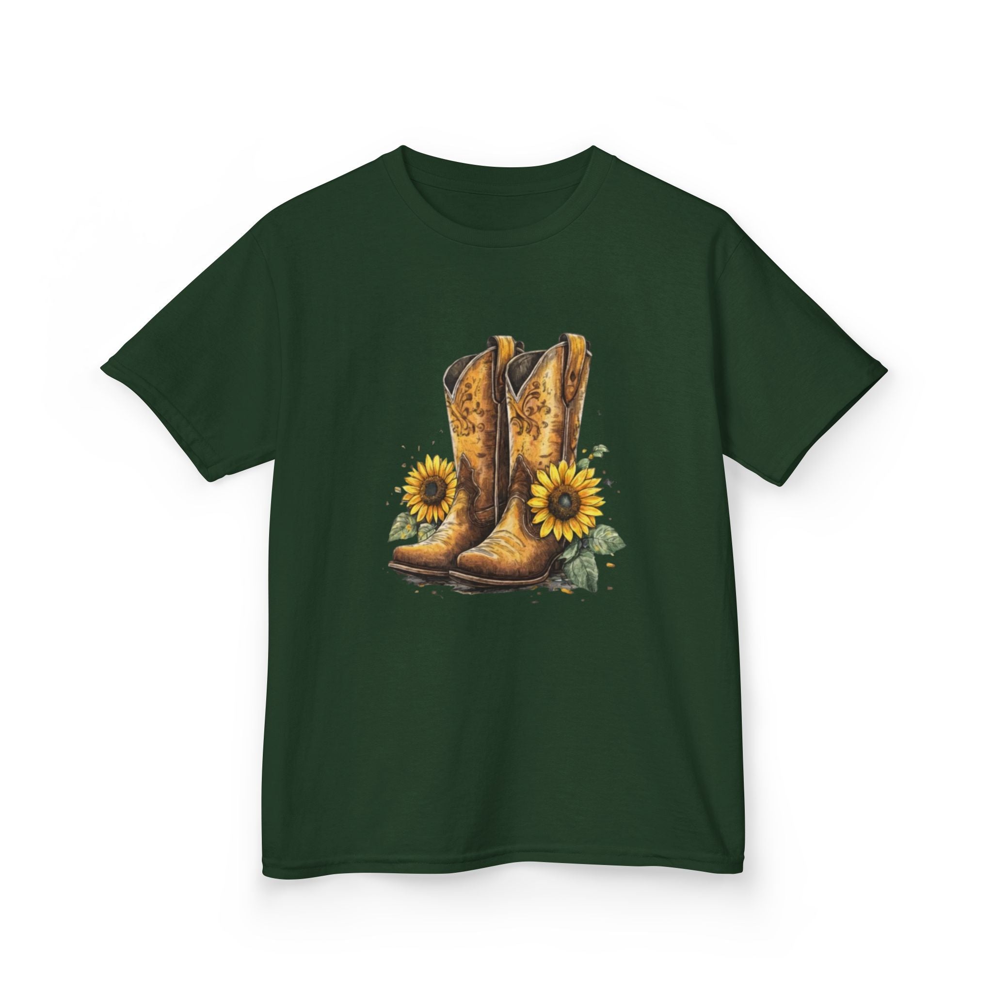 Kids Cowboy Boots & Sunflowers T-Shirt — Western Farmyard Tee for Children