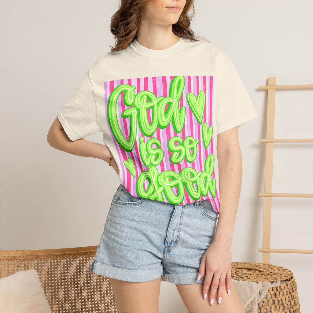 God Is So Good T-Shirt — Neon Green Script on Pink Stripe Christian Tee