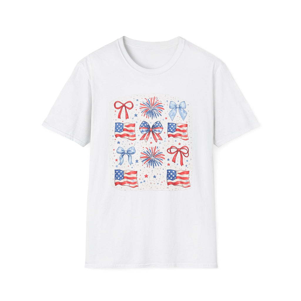 Patriotic 4th of July T-Shirt — USA Flag Bows & Fireworks Design