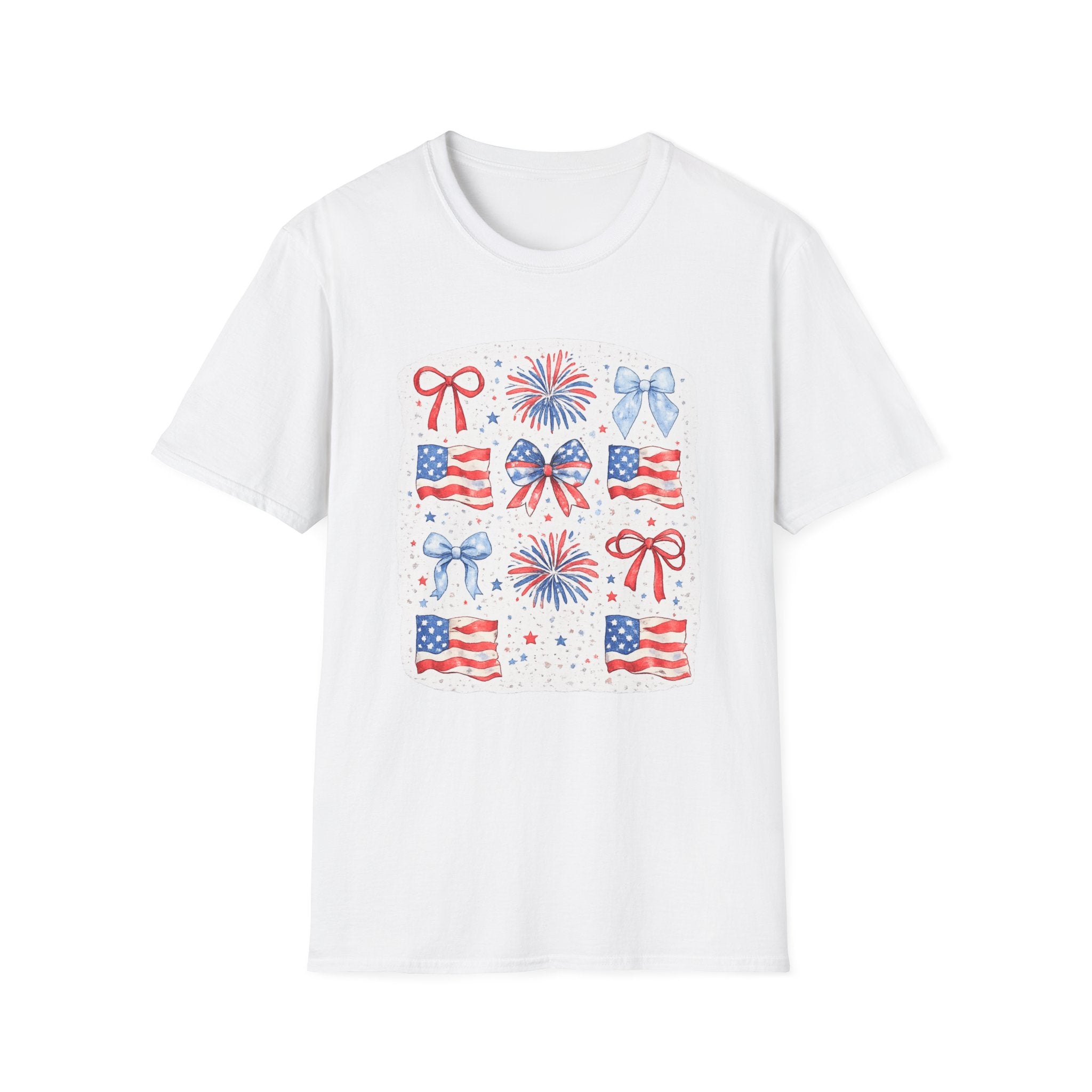 Patriotic 4th of July T-Shirt — USA Flag Bows & Fireworks Design