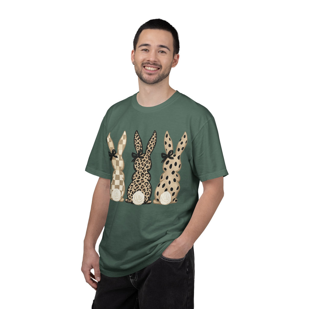 Easter Bunny Trio T-Shirt — Neutral Plaid, Leopard & Polka Dot Bunnies