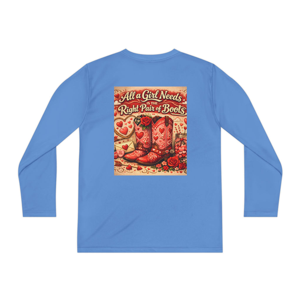 Youth Long Sleeve Tee — “All a Girl Needs is a Right Pair of Boots” Cowboy Boots Graphic