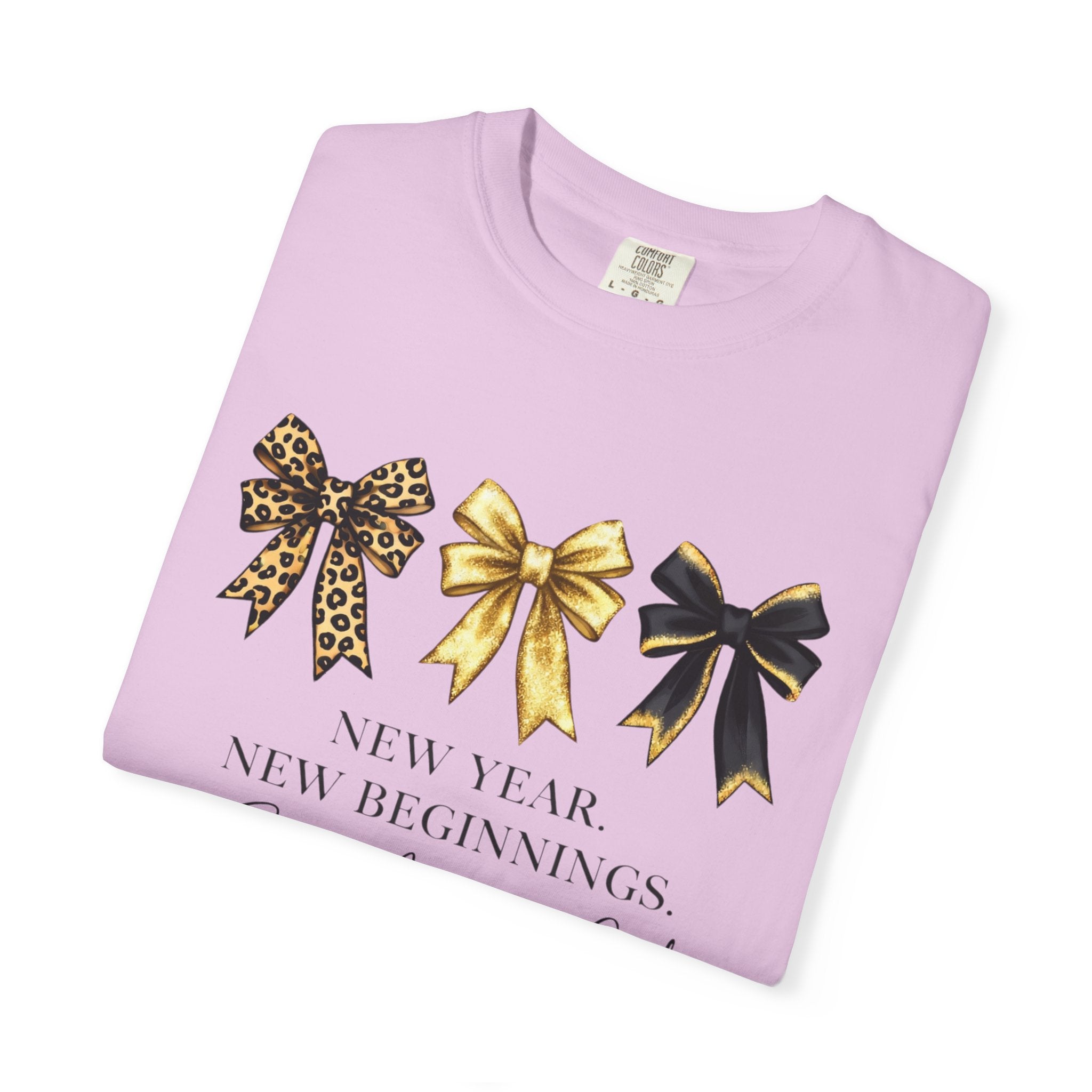 T-Shirt — "New Year, New Beginnings" Gold & Black Bow Graphic Tee