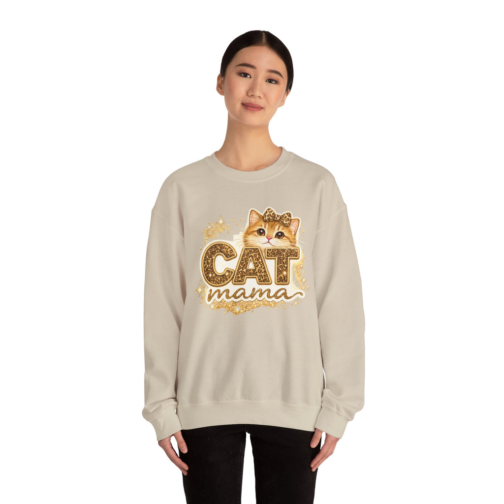 Cat Mama Crewneck Sweatshirt – Cute Gold Glitter Cat Graphic
