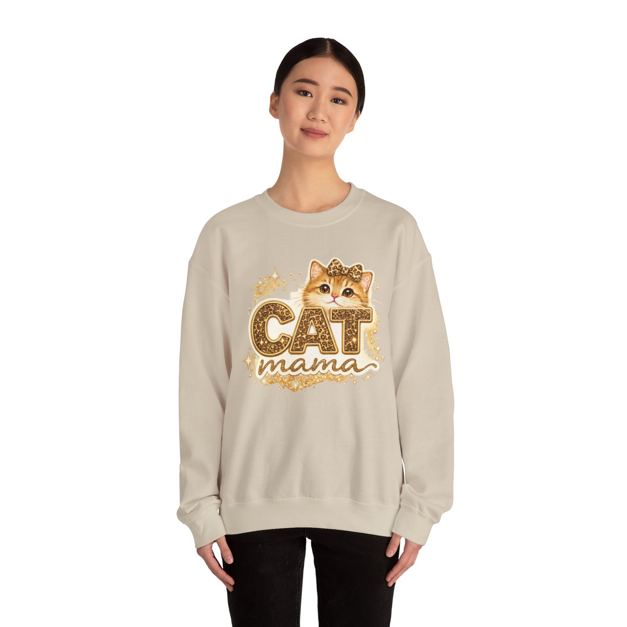 Cat Mama Crewneck Sweatshirt – Cute Gold Glitter Cat Graphic