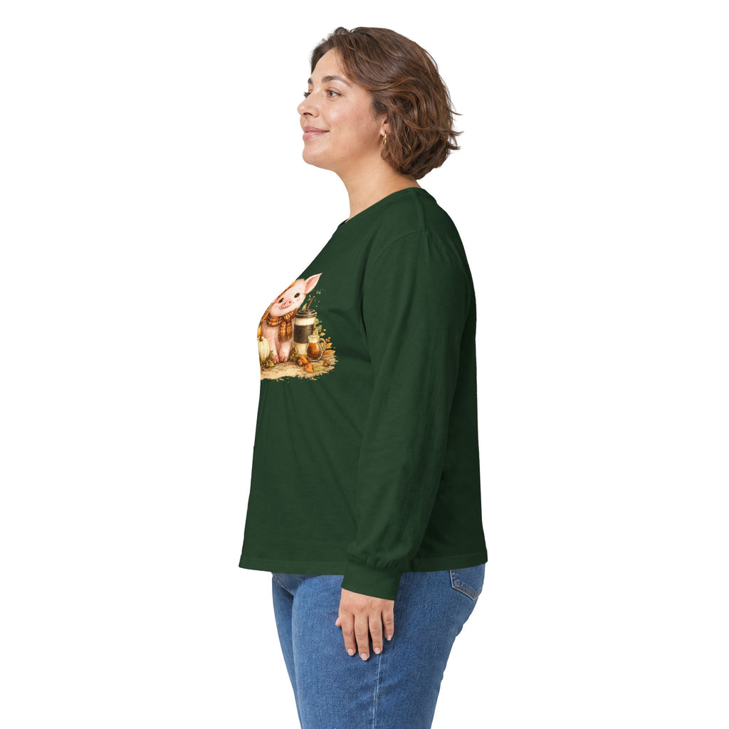 Long Sleeve Tee — Cute Fall Pig with Pumpkins & Sunflower Autumn Graphic