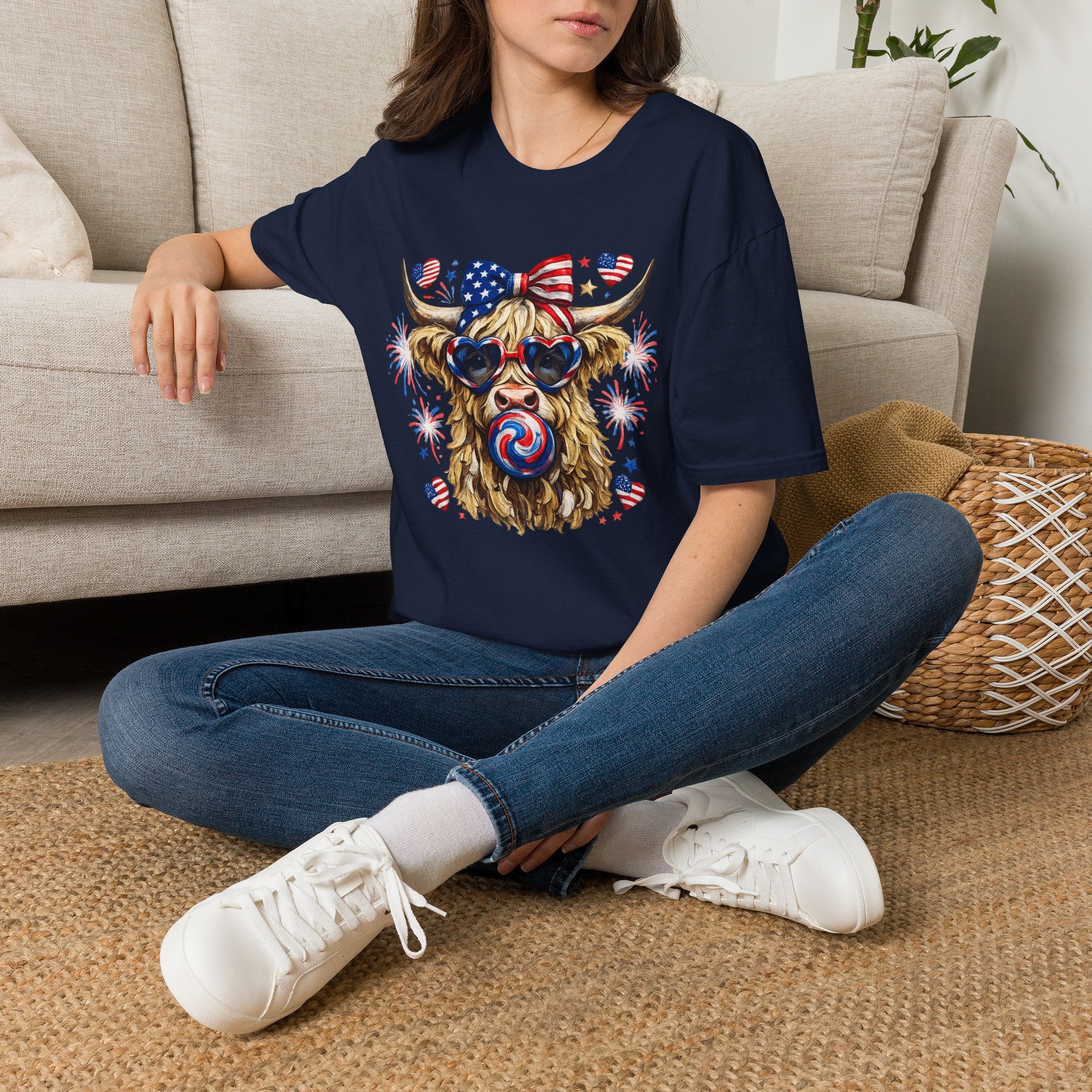 Patriotic Highland Cow T-Shirt — 4th of July American Flag Cow Tee