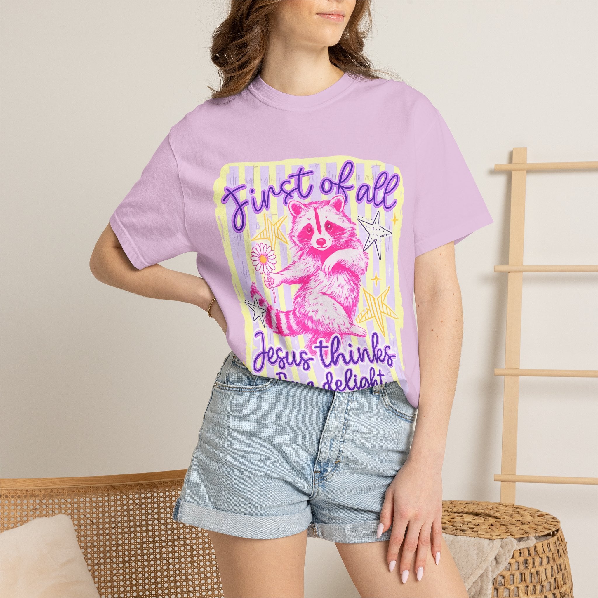 Raccoon Graphic T-Shirt — "First of All Jesus Thinks I’m a Delight" Christian Vintage Style Tee