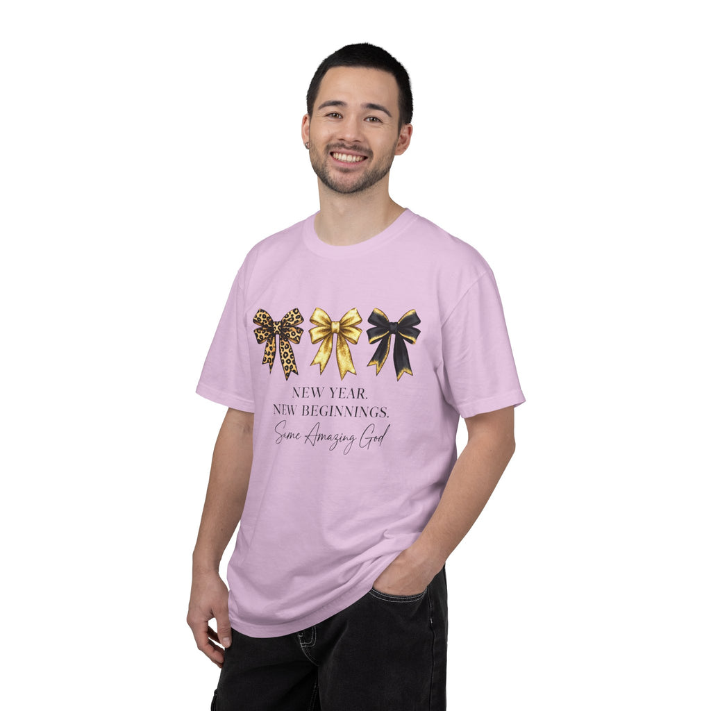 T-Shirt — "New Year, New Beginnings" Gold & Black Bow Graphic Tee