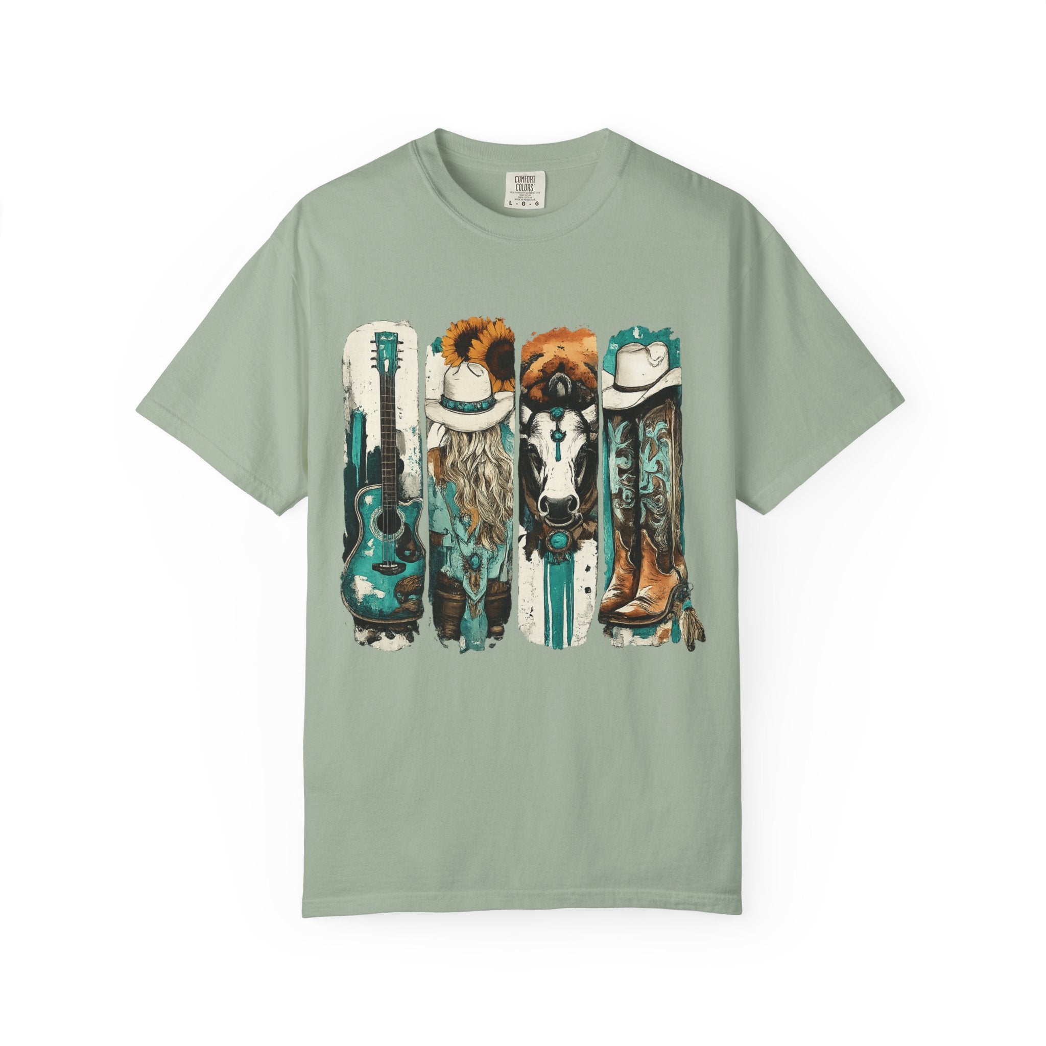 Western Music Icons T-Shirt — Rustic Guitar, Boots & Hat Graphic Tee