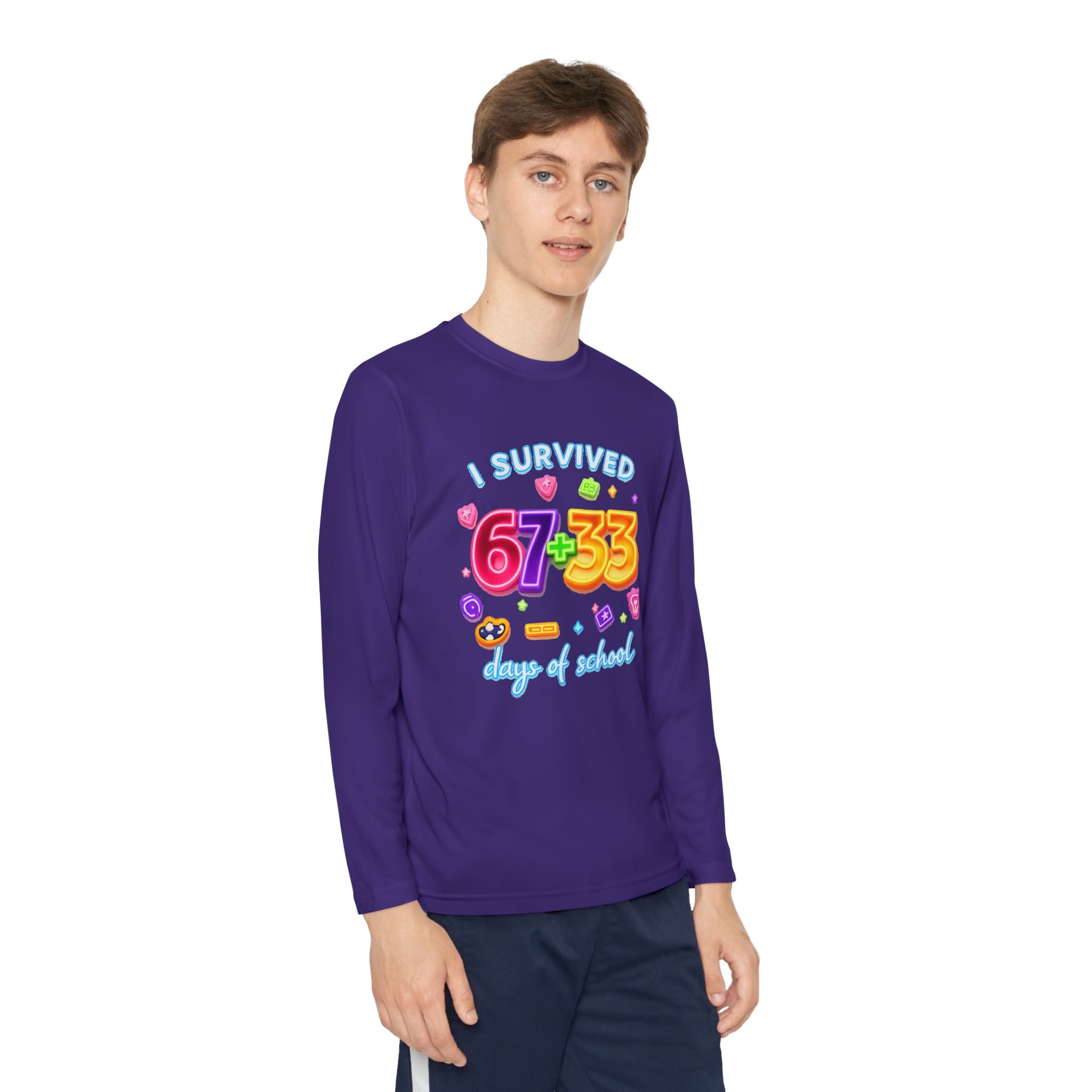 Youth Long Sleeve Tee — "I Survived 67+33 Days of School" Colorful Celebration Shirt