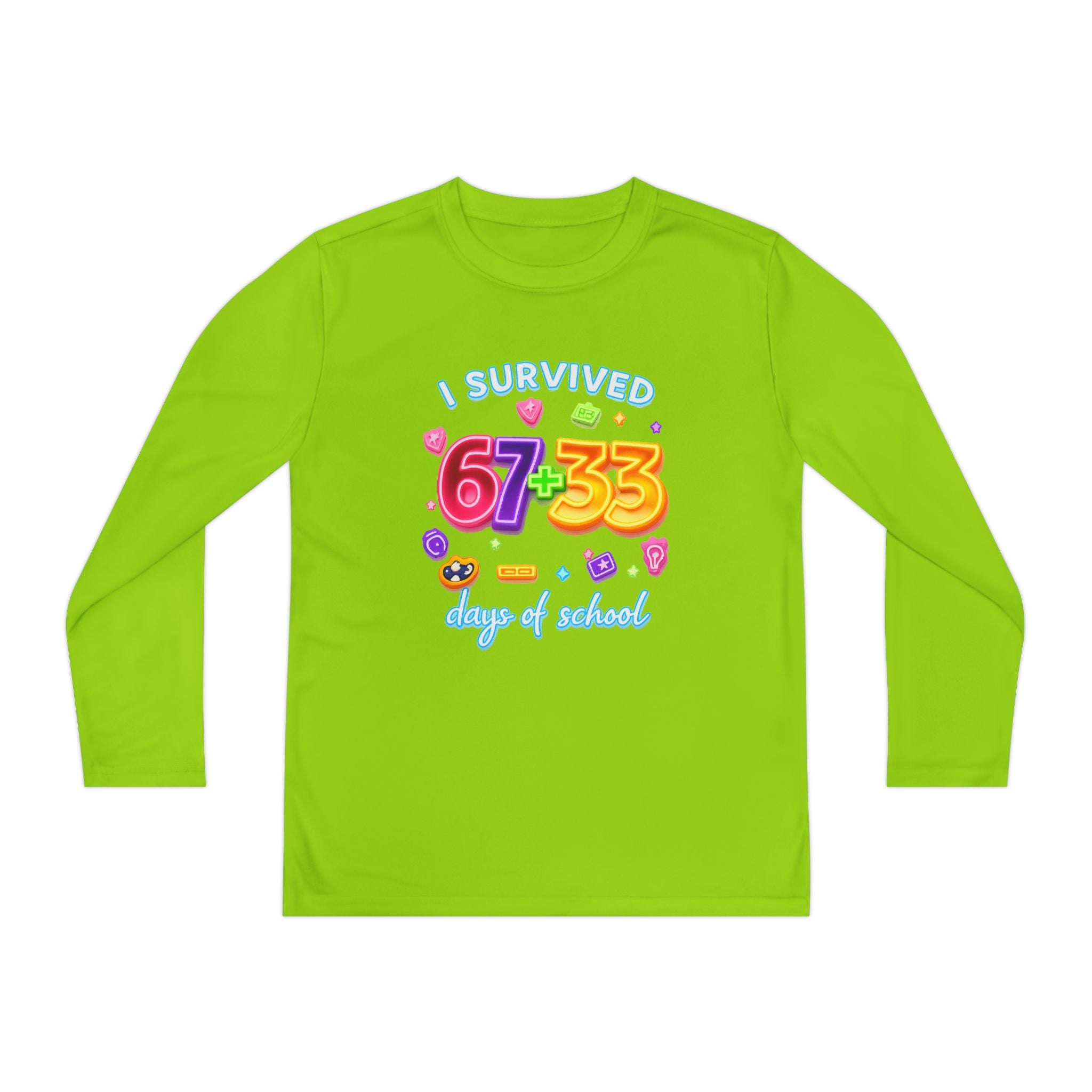 Youth Long Sleeve Tee — "I Survived 67+33 Days of School" Colorful Celebration Shirt