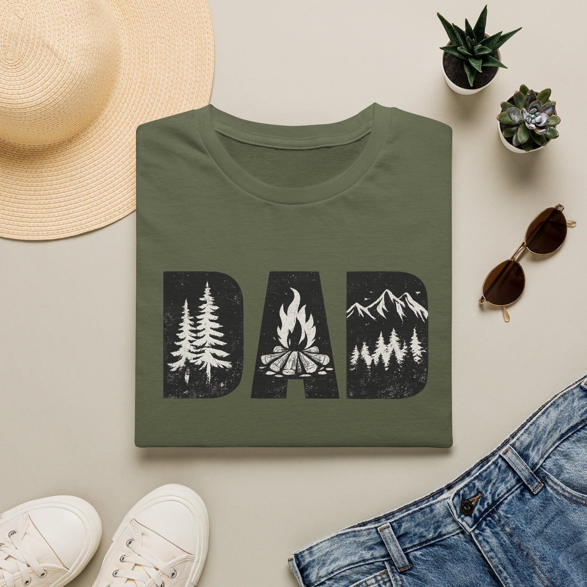Dad Camping T-Shirt — Rustic Outdoors Father’s Day Shirt (DAD with Trees, Campfire & Mountains)