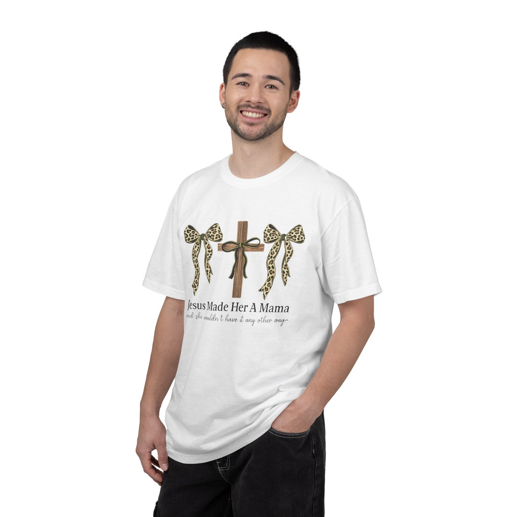 Jesus Made Her a Mama Cross T‑Shirt — Leopard Bow Christian Mother's Day Tee
