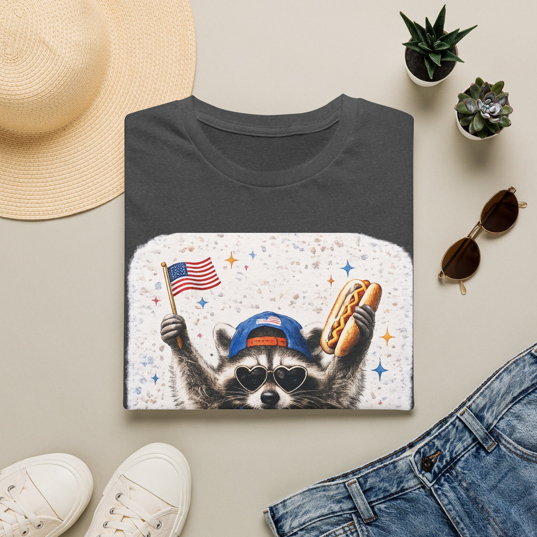 Patriotic Raccoon T-Shirt — 'America' Flag & Hot Dog Graphic