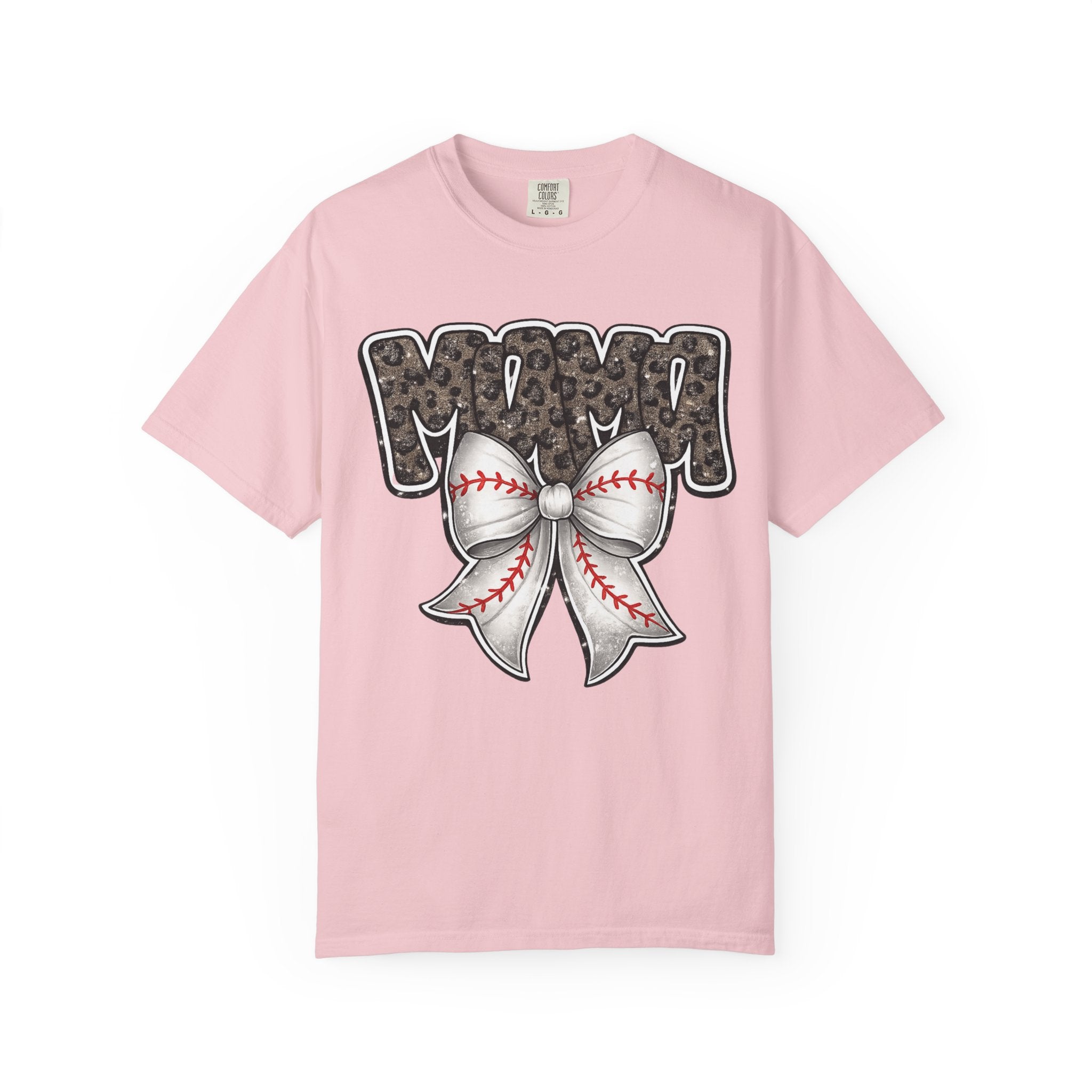 Baseball Mom T-Shirt — Camo Lettering with Baseball Bow