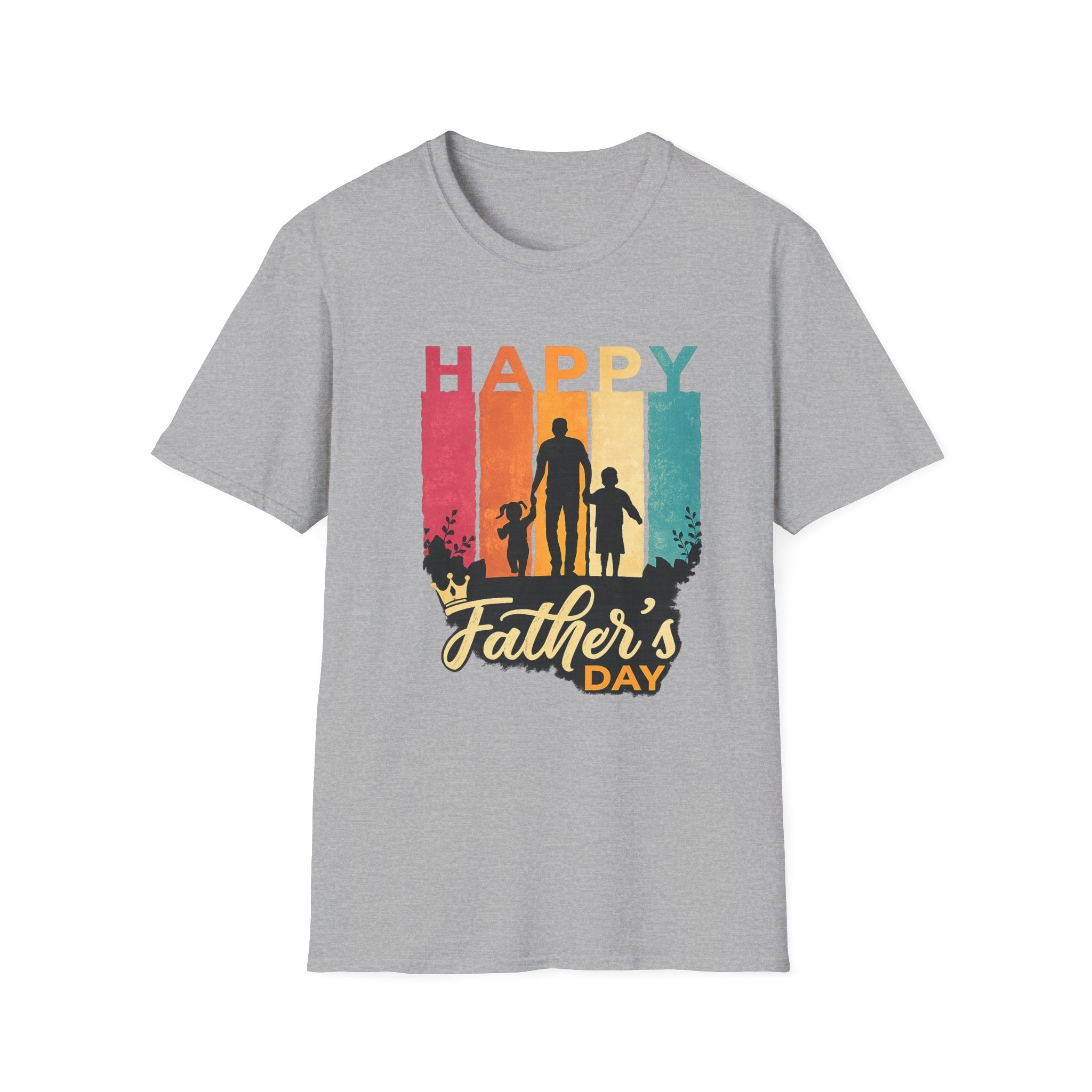 Happy Father's Day T-Shirt — Silhouette Dad with Kids Retro Stripes