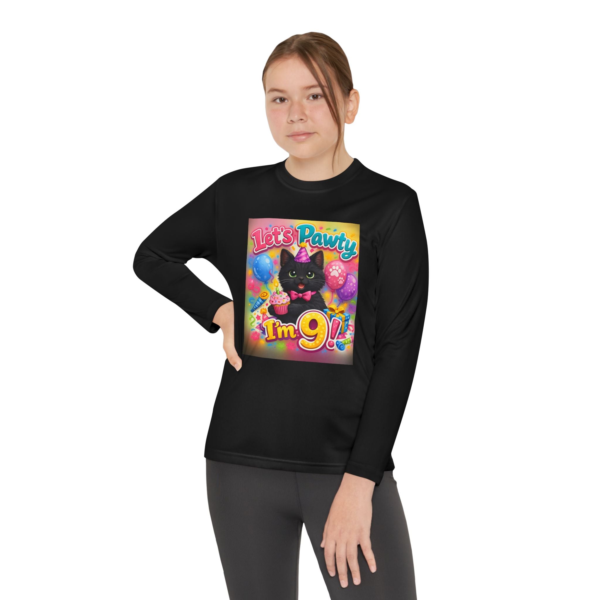 Kids' 9th Birthday Long Sleeve Tee — "Let's Pawty I'm 9!" Cat Birthday Shirt