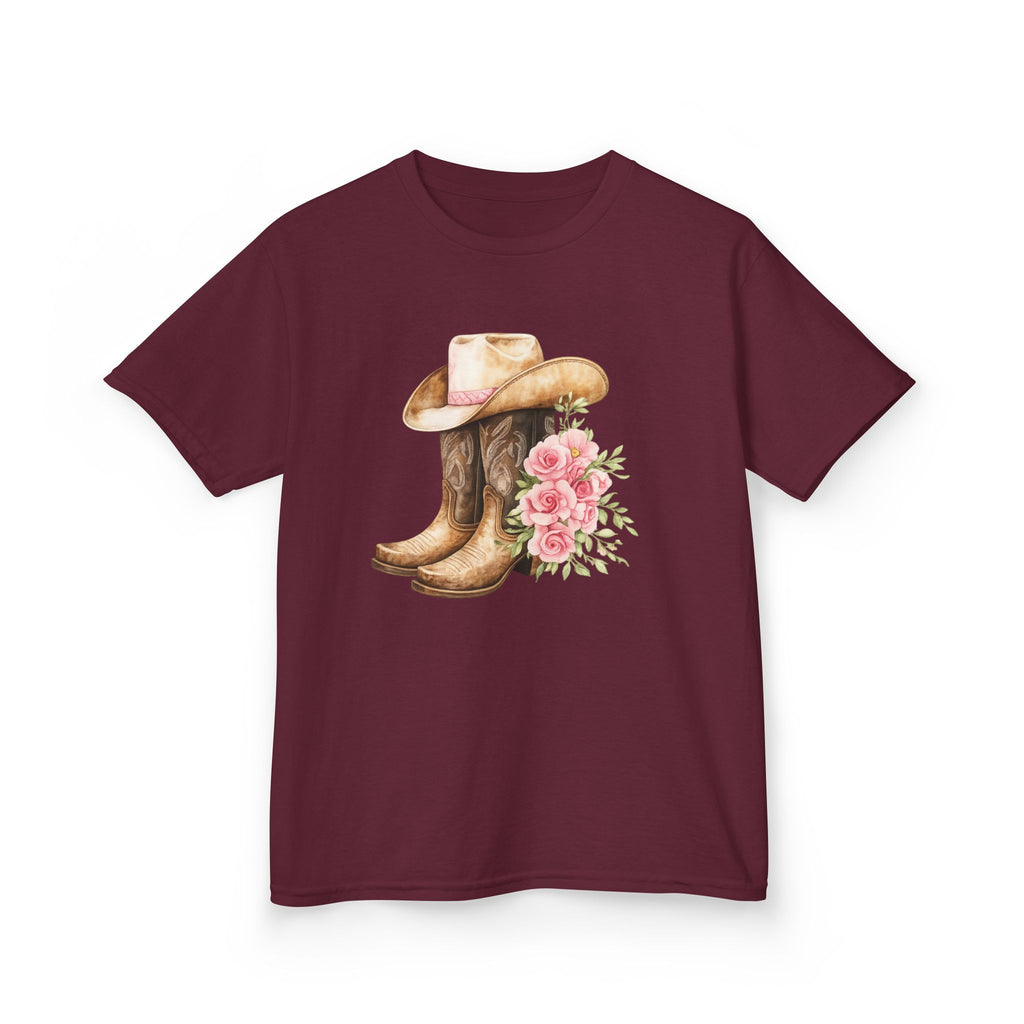 Kids Western Tee — Cowboy Hat & Boots with Pink Floral Design
