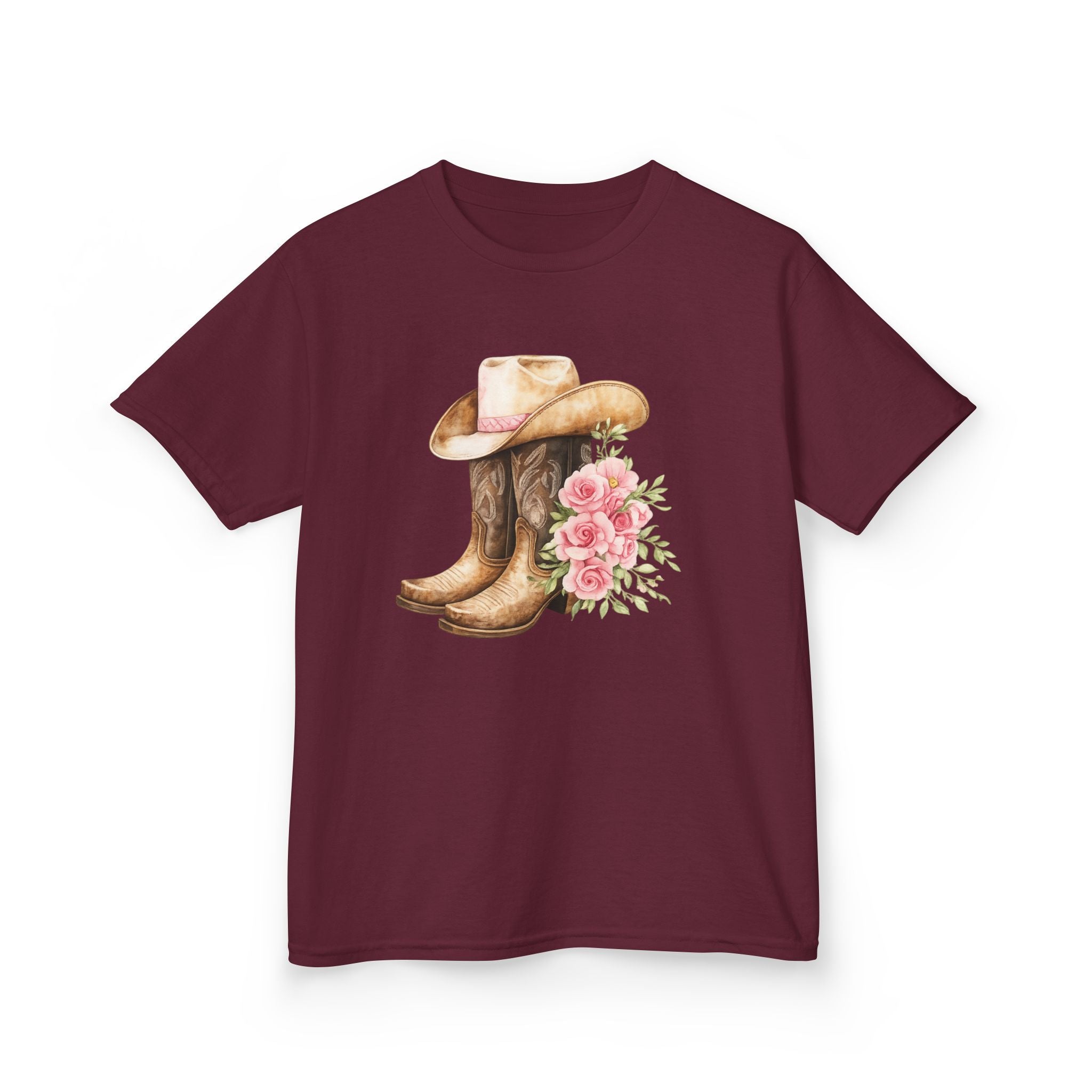 Kids Western Tee — Cowboy Hat & Boots with Pink Floral Design