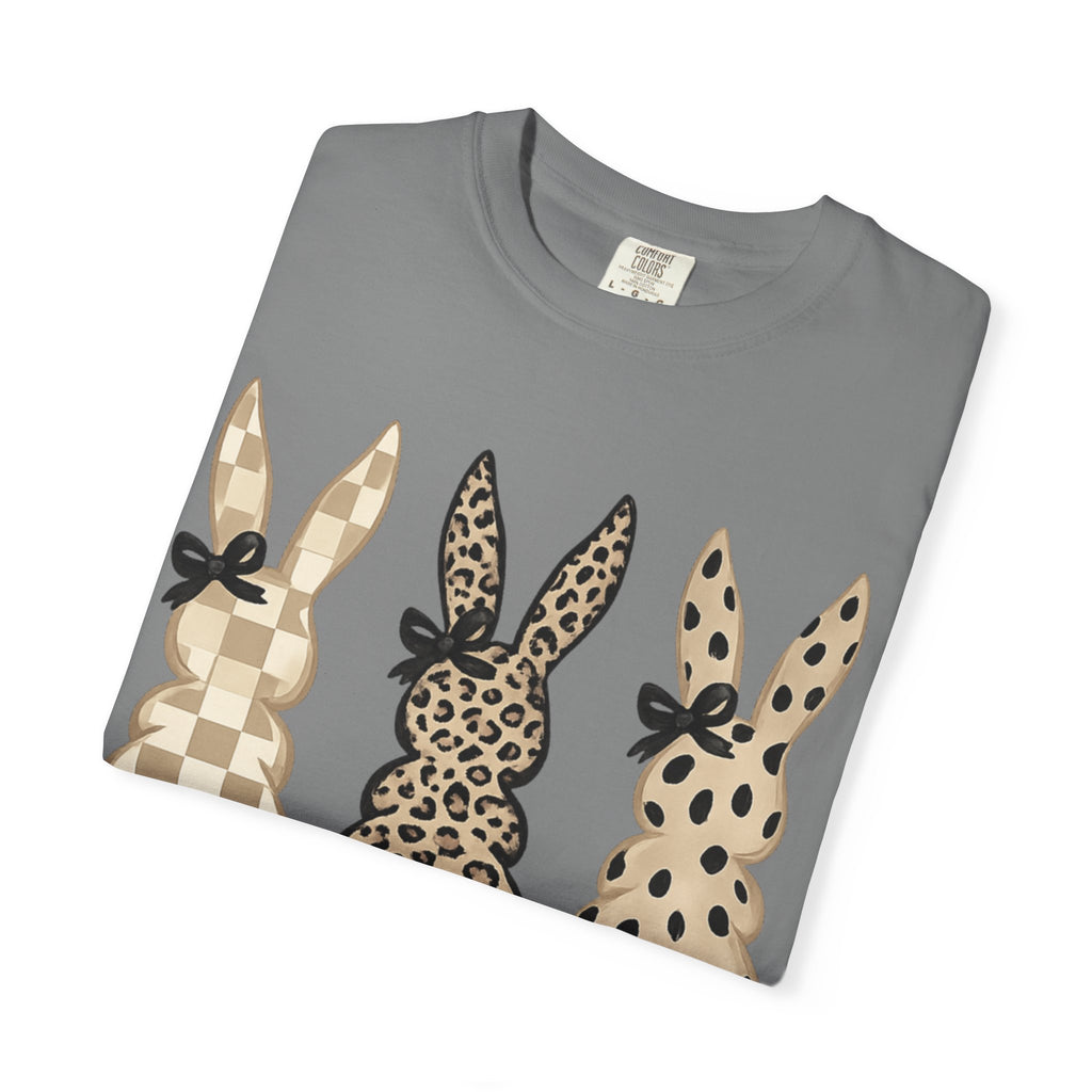 Easter Bunny Trio T-Shirt — Neutral Plaid, Leopard & Polka Dot Bunnies