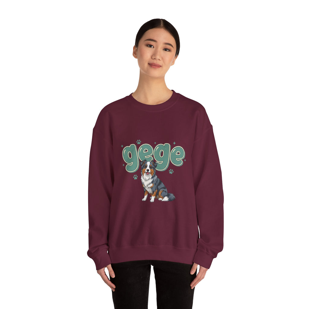 Crewneck Sweatshirt — Cute "gege" Design with Australian Shepherd Illustration