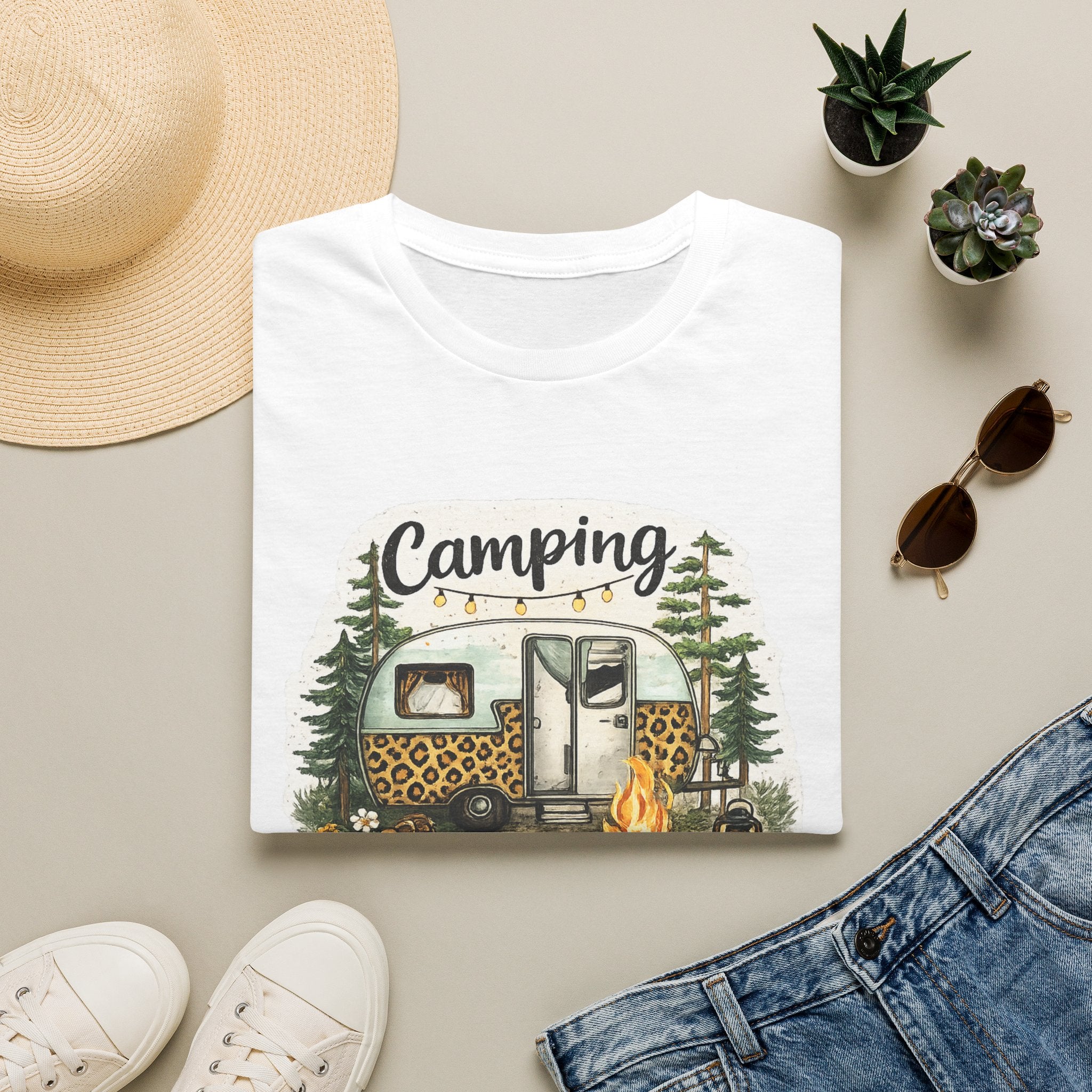 Camping Is My Happy Place T‑Shirt — Leopard Camper Graphic Tee