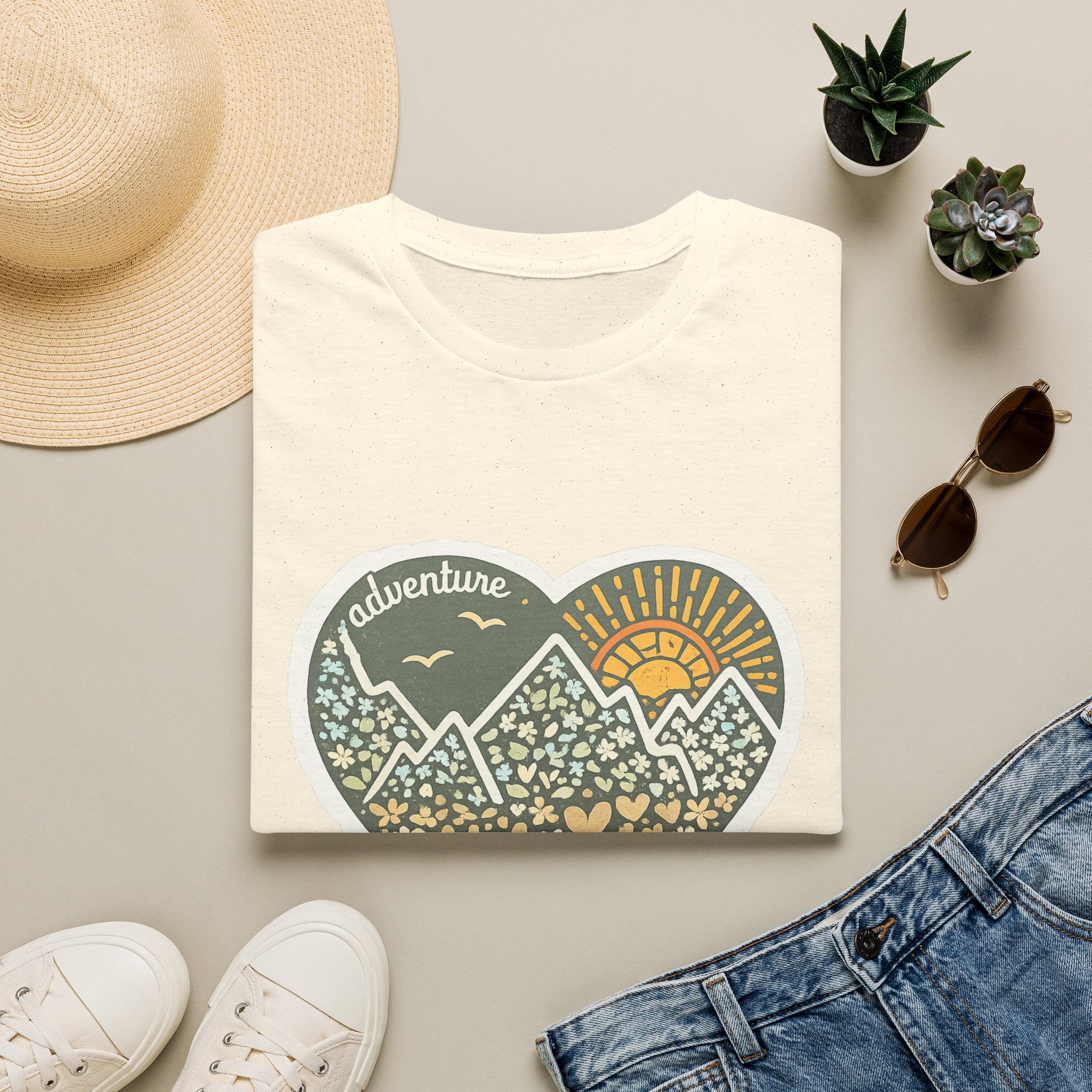 Adventure Heart Mountain T‑Shirt — Sunrise Nature Graphic Tee for Hikers & Outdoor Lovers