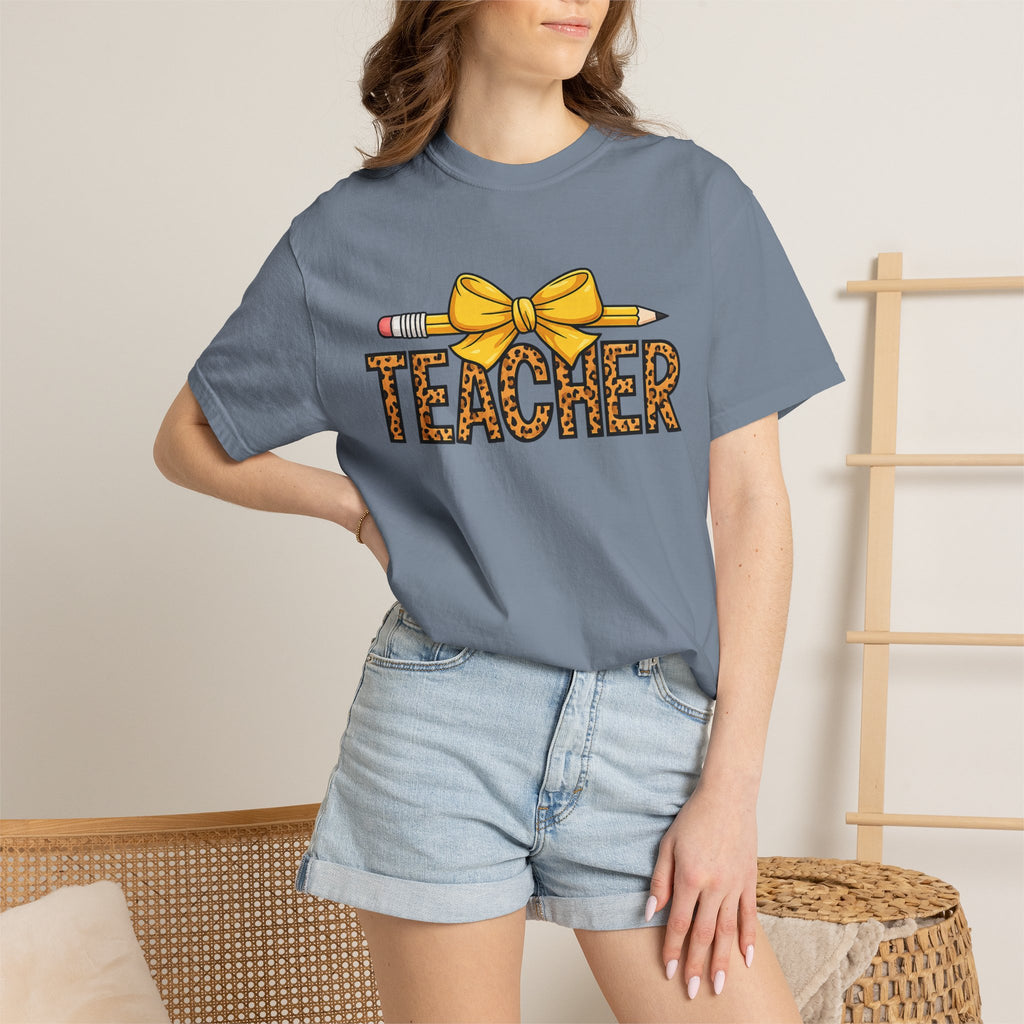 Teacher Leopard Print Pencil Bow T-Shirt — Cute Back-to-School Gift for Educators
