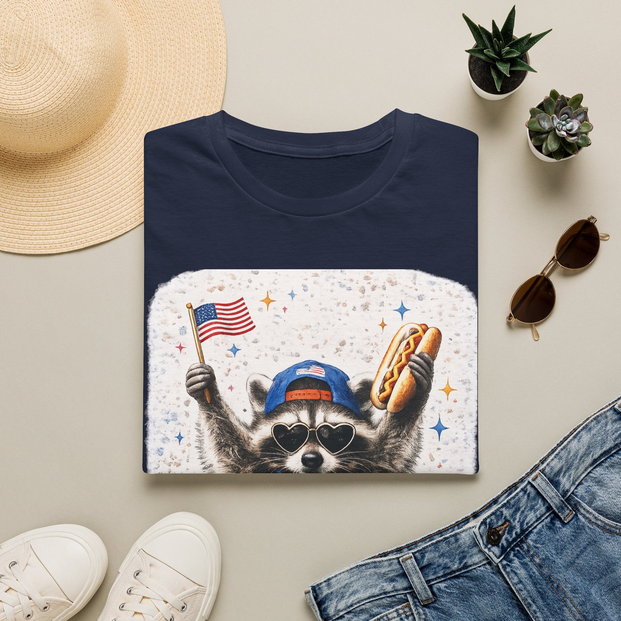 Patriotic Raccoon T-Shirt — 'America' Flag & Hot Dog Graphic