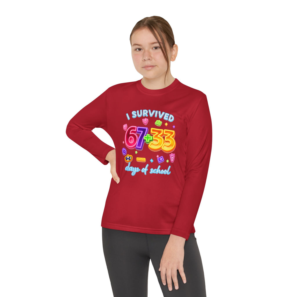 Youth Long Sleeve Tee — "I Survived 67+33 Days of School" Colorful Celebration Shirt
