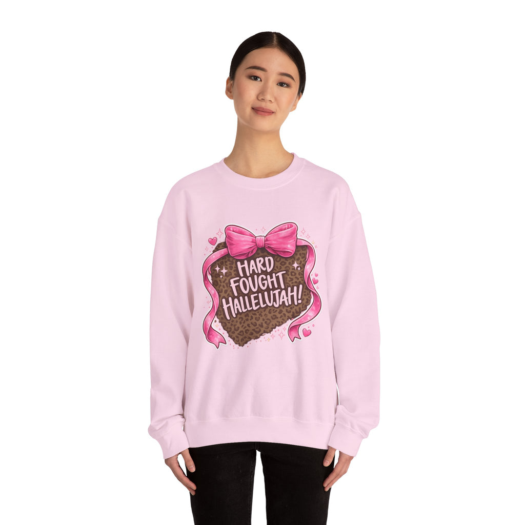 Crewneck Sweatshirt — "Hard Fought Hallelujah" Heart Graphic (Pink Bow, Leopard Print)