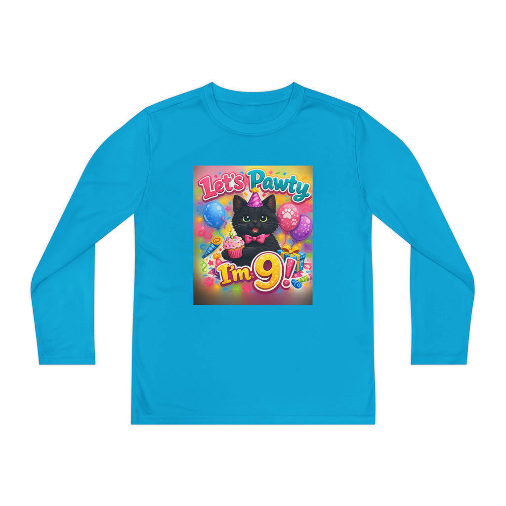 Kids' 9th Birthday Long Sleeve Tee — "Let's Pawty I'm 9!" Cat Birthday Shirt