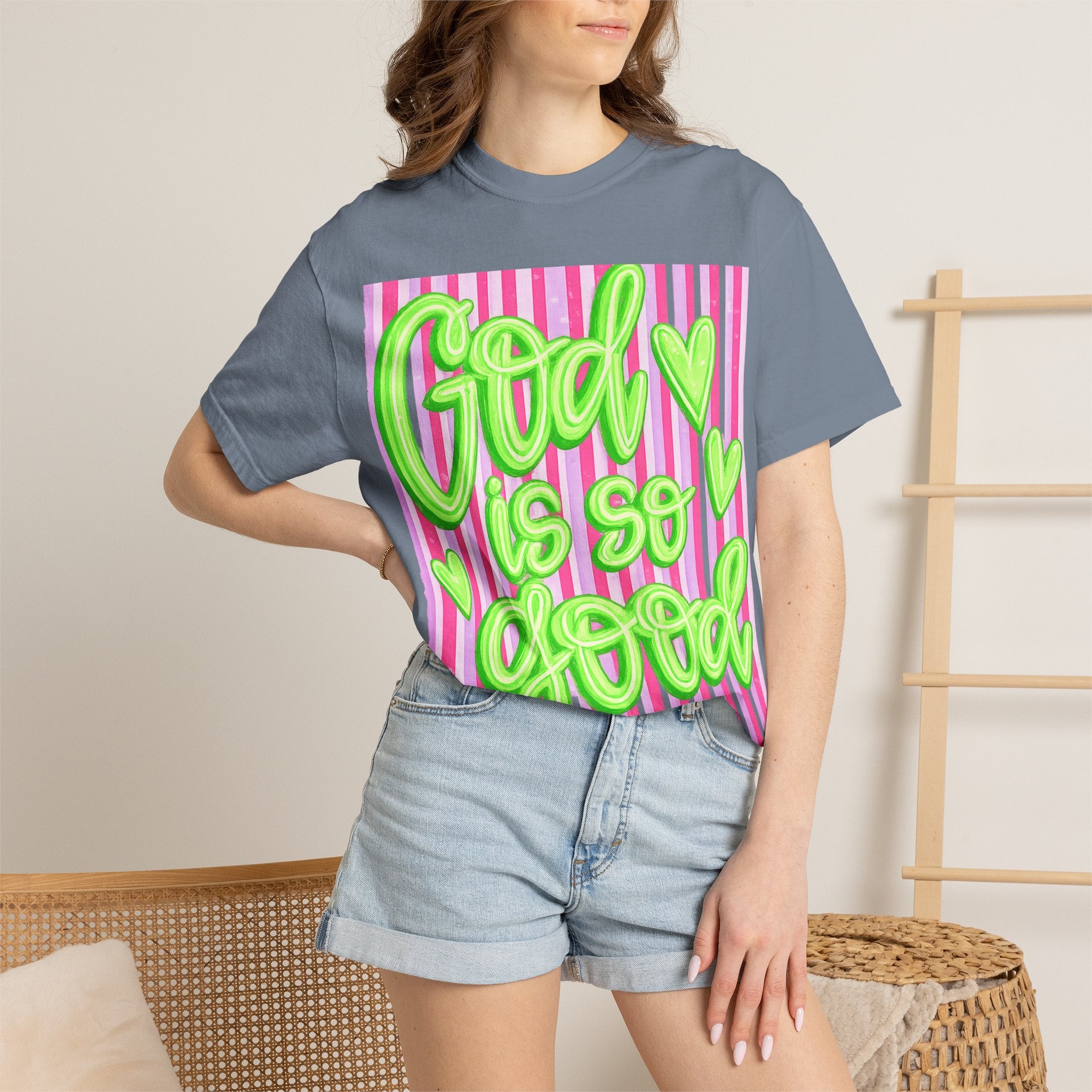 God Is So Good T-Shirt — Neon Green Script on Pink Stripe Christian Tee