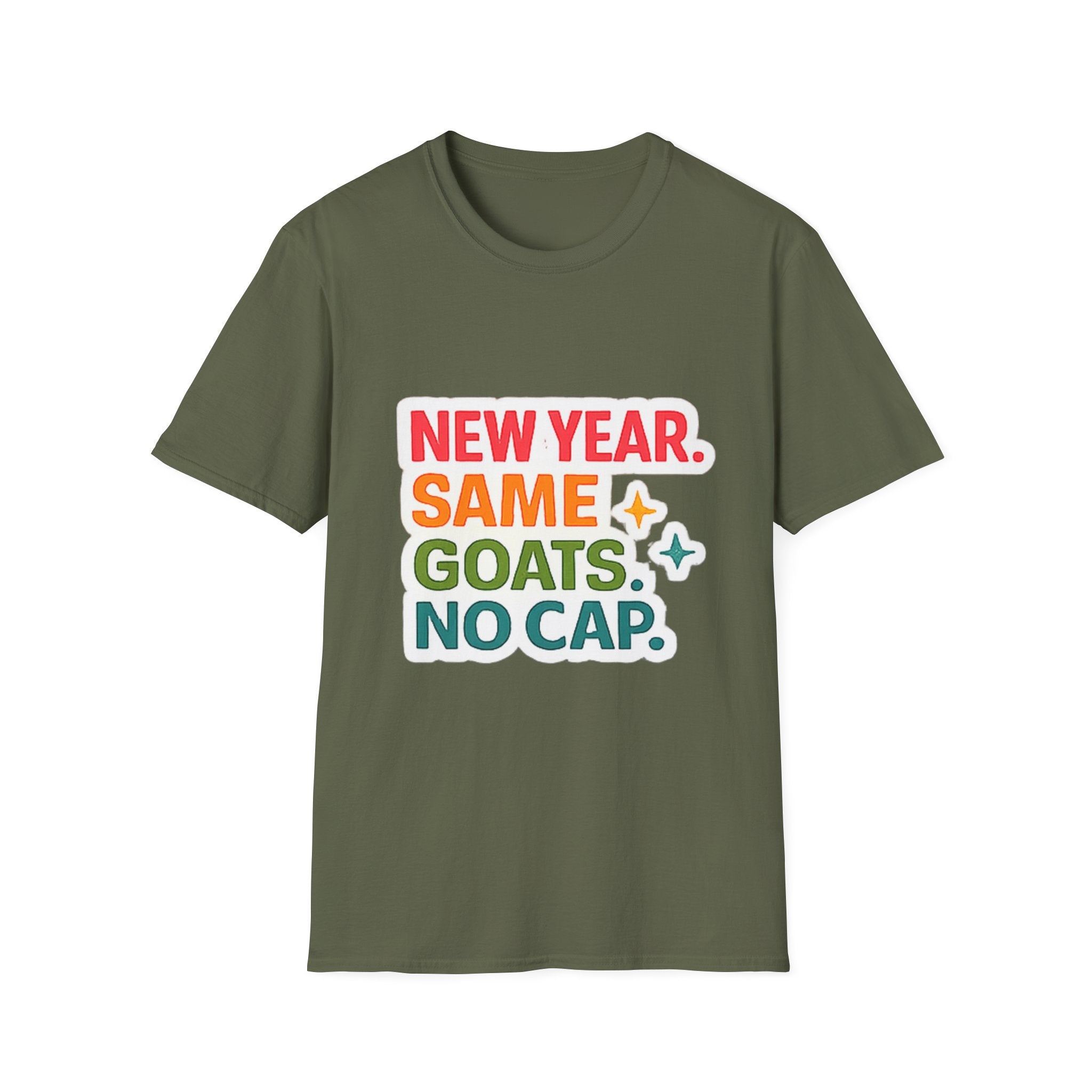 T‑Shirt — "New Year. Same Goats. No Cap." Colorful Graphic Tee for Goat Lovers & Funny New Year Celebrations