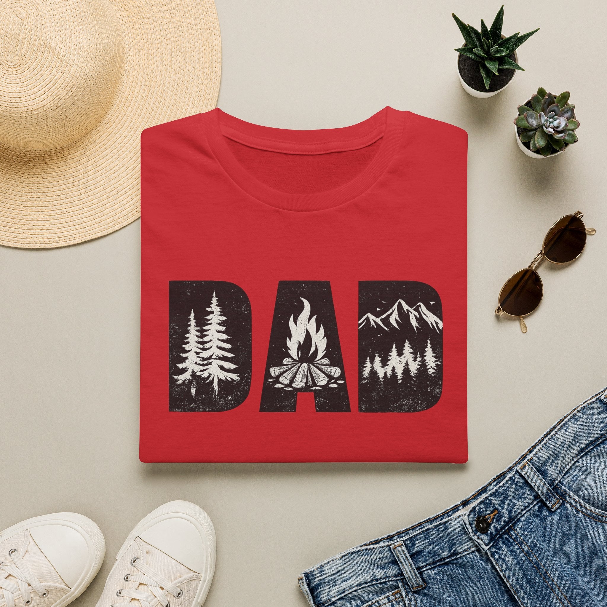 Dad Camping T-Shirt — Rustic Outdoors Father’s Day Shirt (DAD with Trees, Campfire & Mountains)