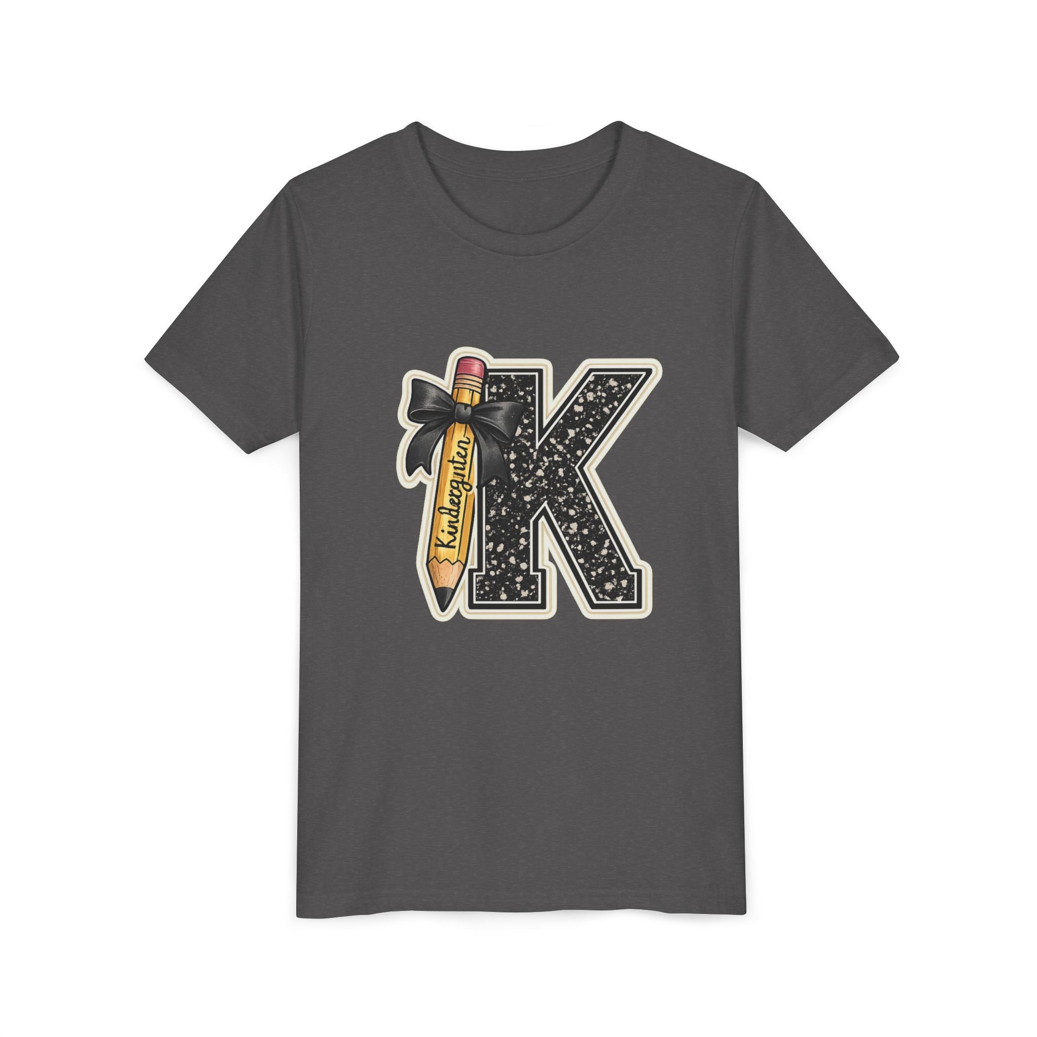 Youth K Monogram Pencil Tee — Kids Initial Letter K School Shirt