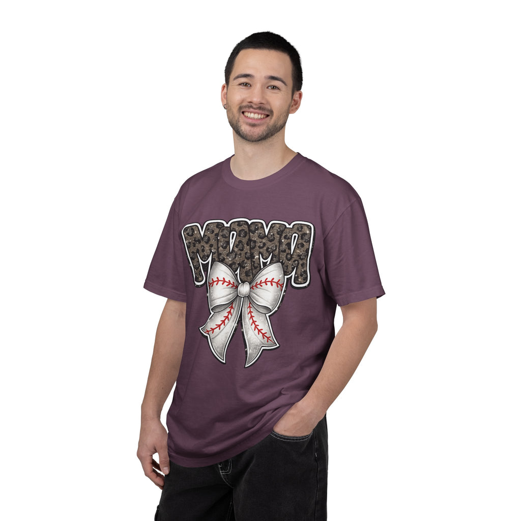 Baseball Mom T-Shirt — Camo Lettering with Baseball Bow
