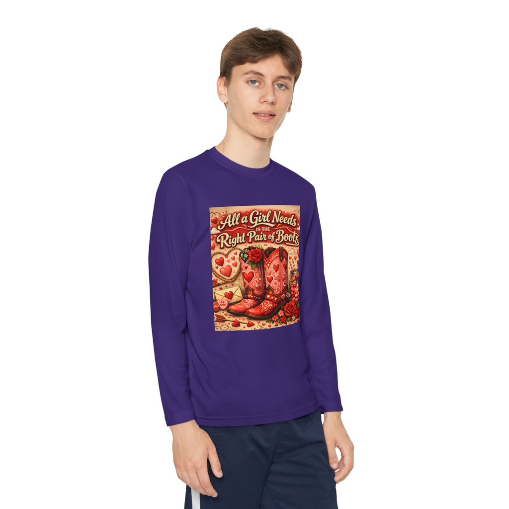 Youth Long Sleeve Tee — "All a Girl Needs is the Right Pair of Boots" Western Graphic