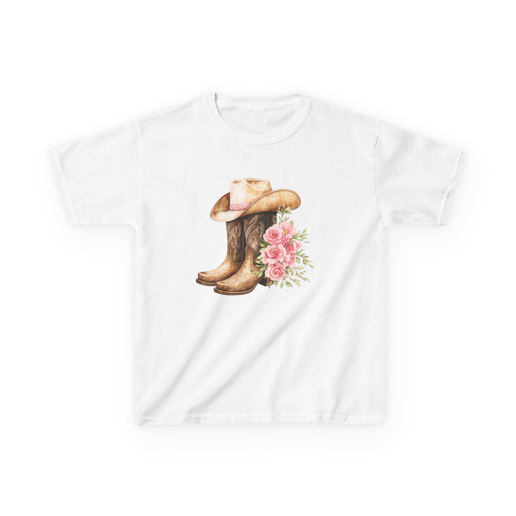 Kids Western Tee — Cowboy Hat & Boots with Pink Floral Design
