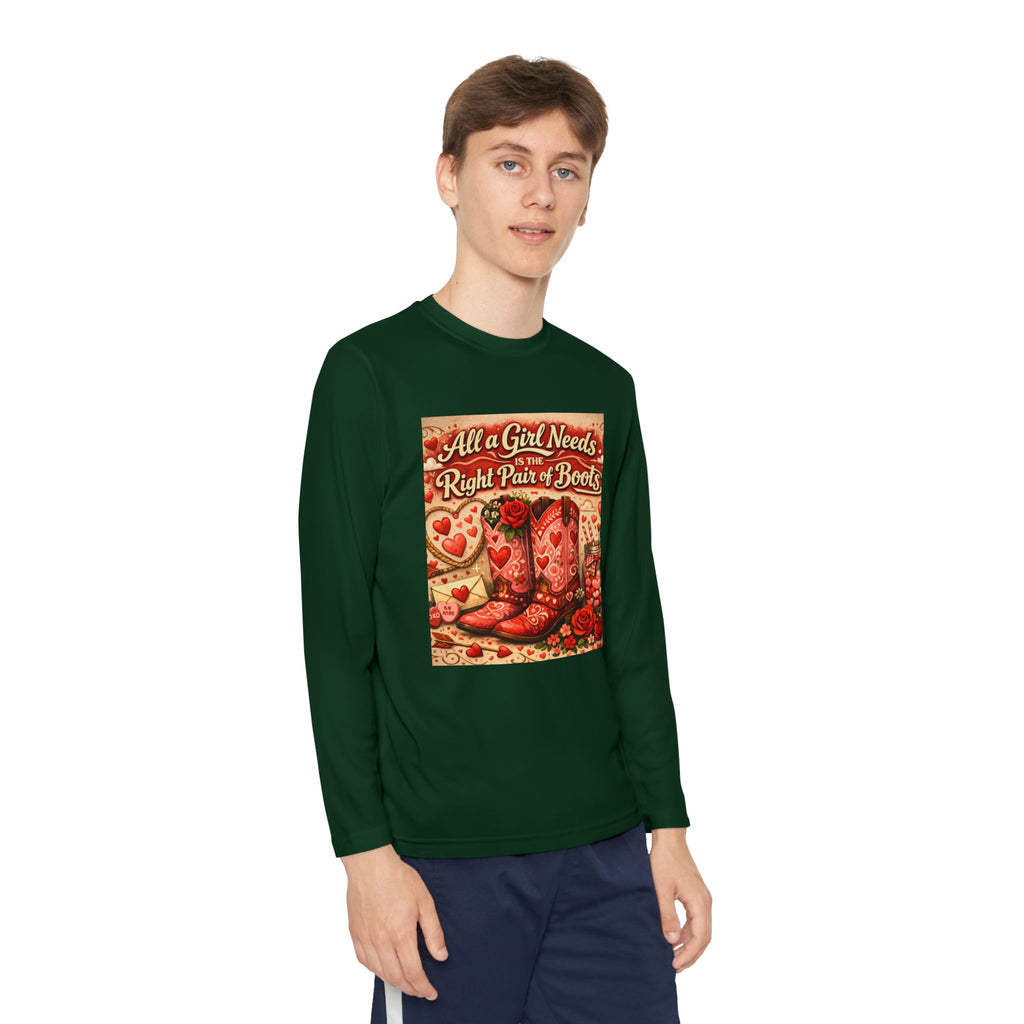 Youth Long Sleeve Tee — "All a Girl Needs is the Right Pair of Boots" Western Graphic