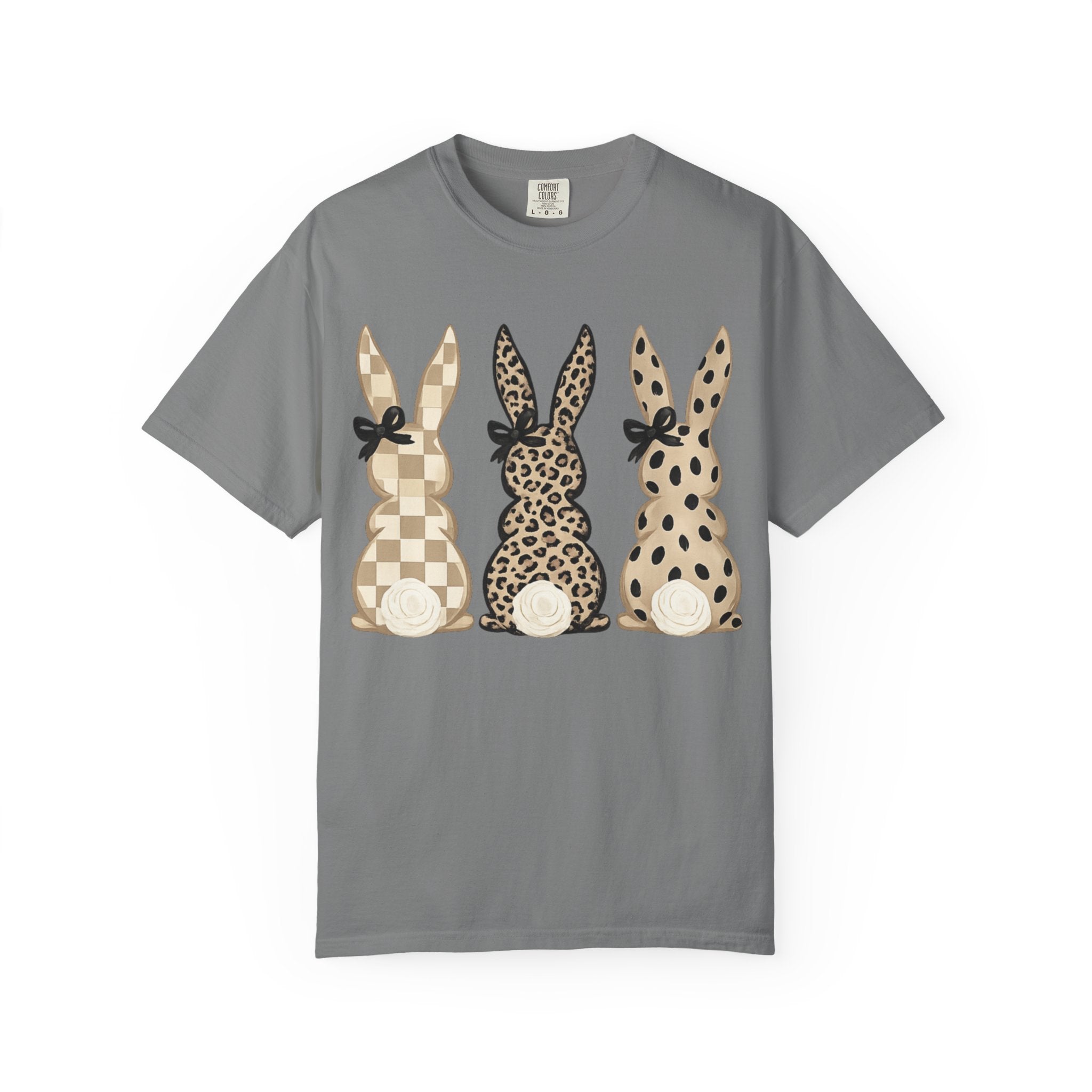 Easter Bunny Trio T-Shirt — Neutral Plaid, Leopard & Polka Dot Bunnies