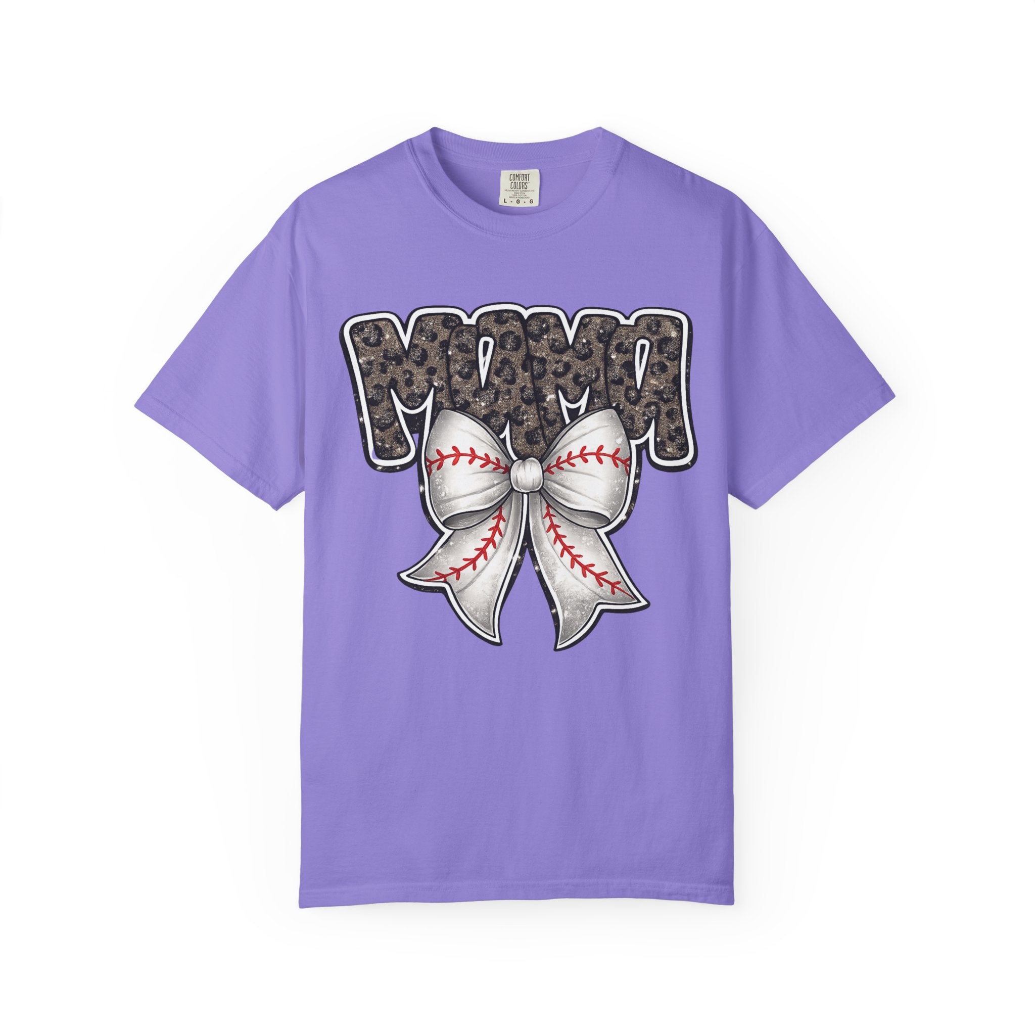 Baseball Mom T-Shirt — Camo Lettering with Baseball Bow