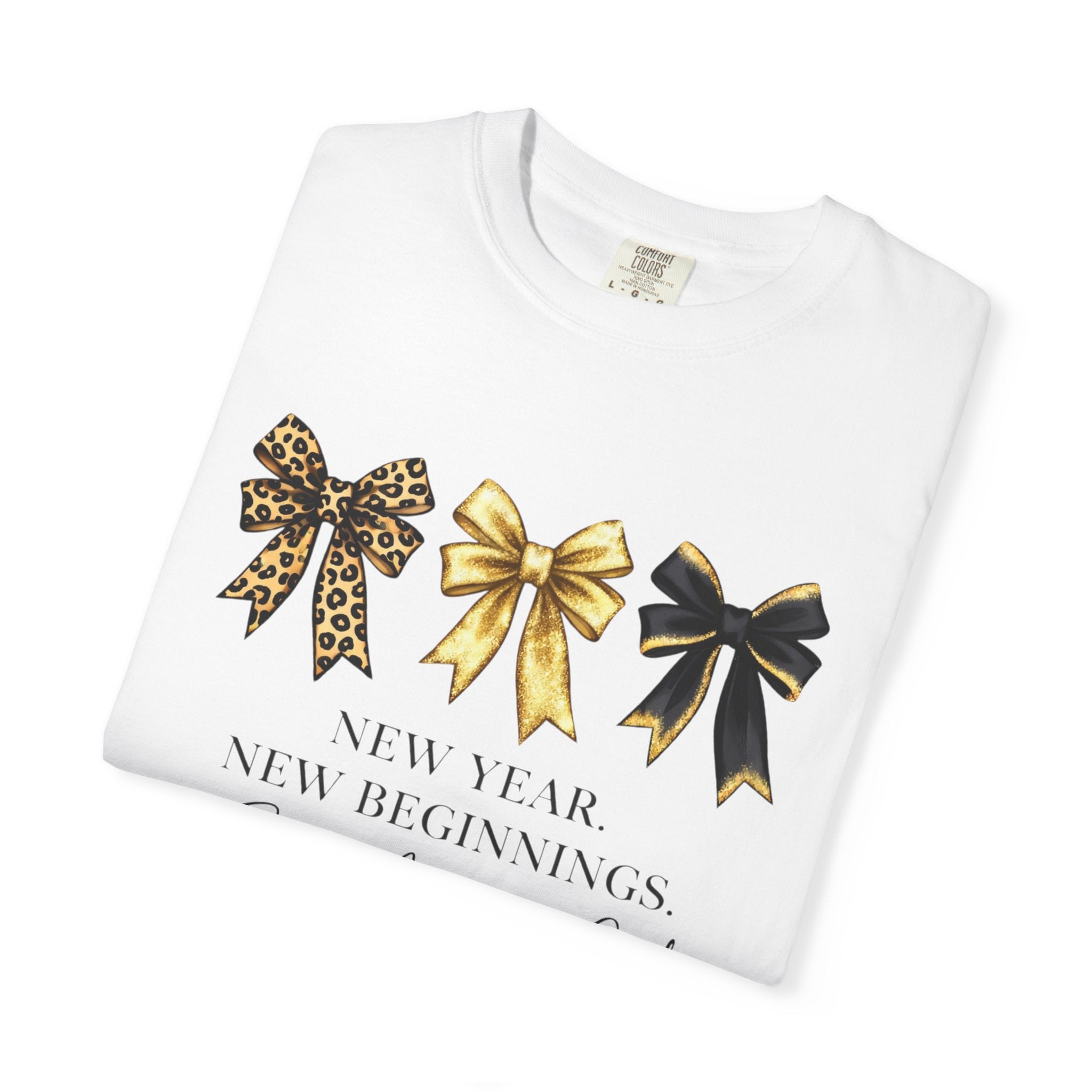 T-Shirt — "New Year, New Beginnings" Gold & Black Bow Graphic Tee