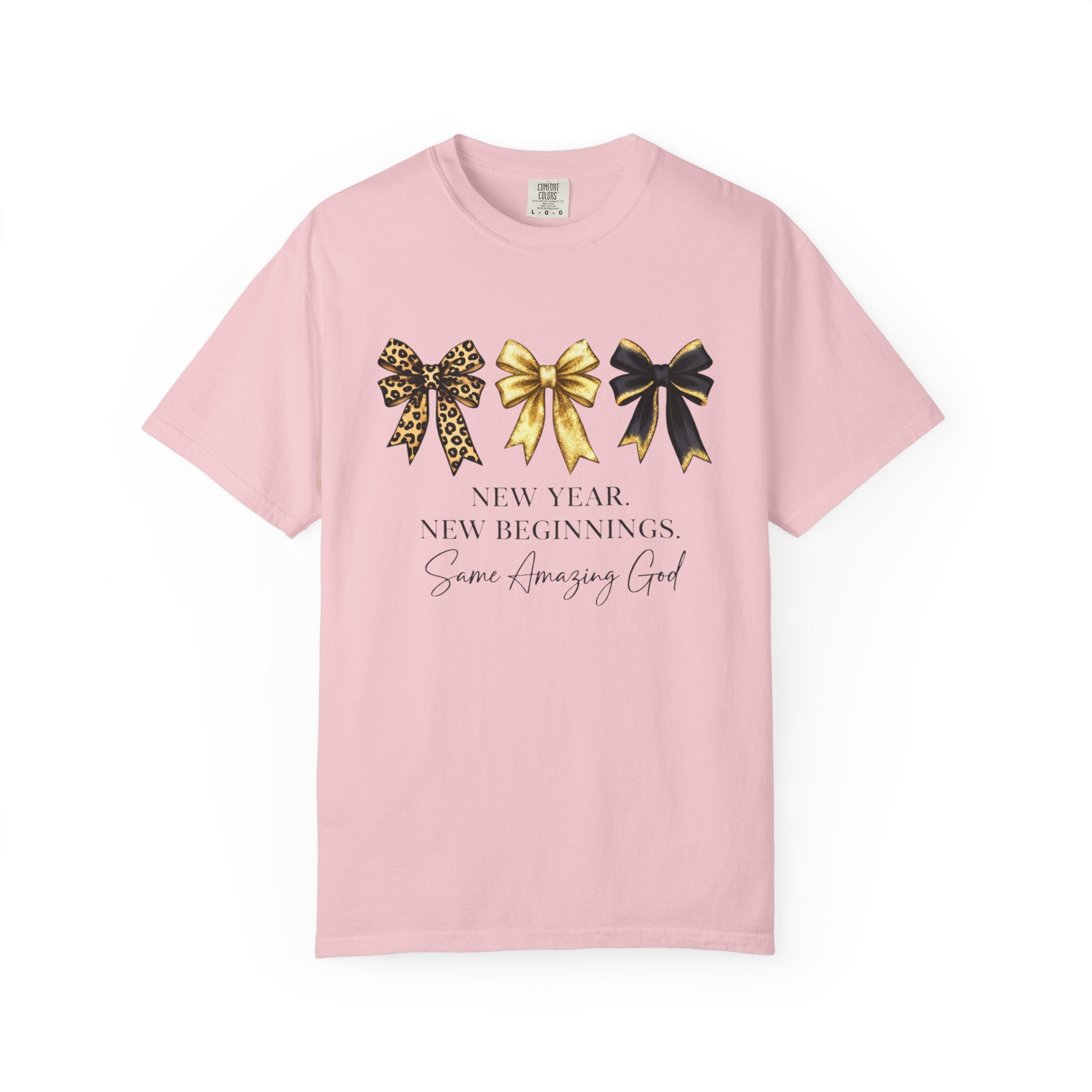 T-Shirt — "New Year, New Beginnings" Gold & Black Bow Graphic Tee