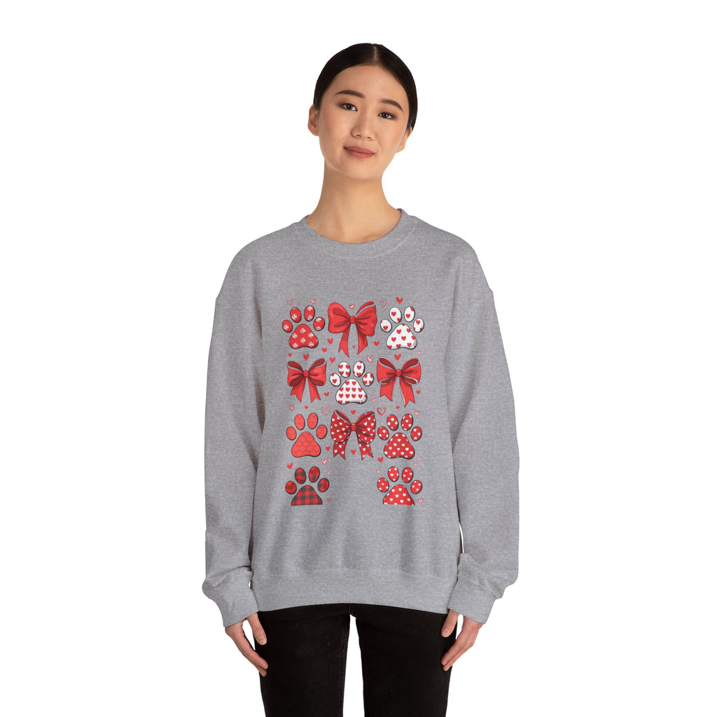 Valentine Paw Print Crewneck Sweatshirt — Red Bows & Hearts Pet Lover Pullover
