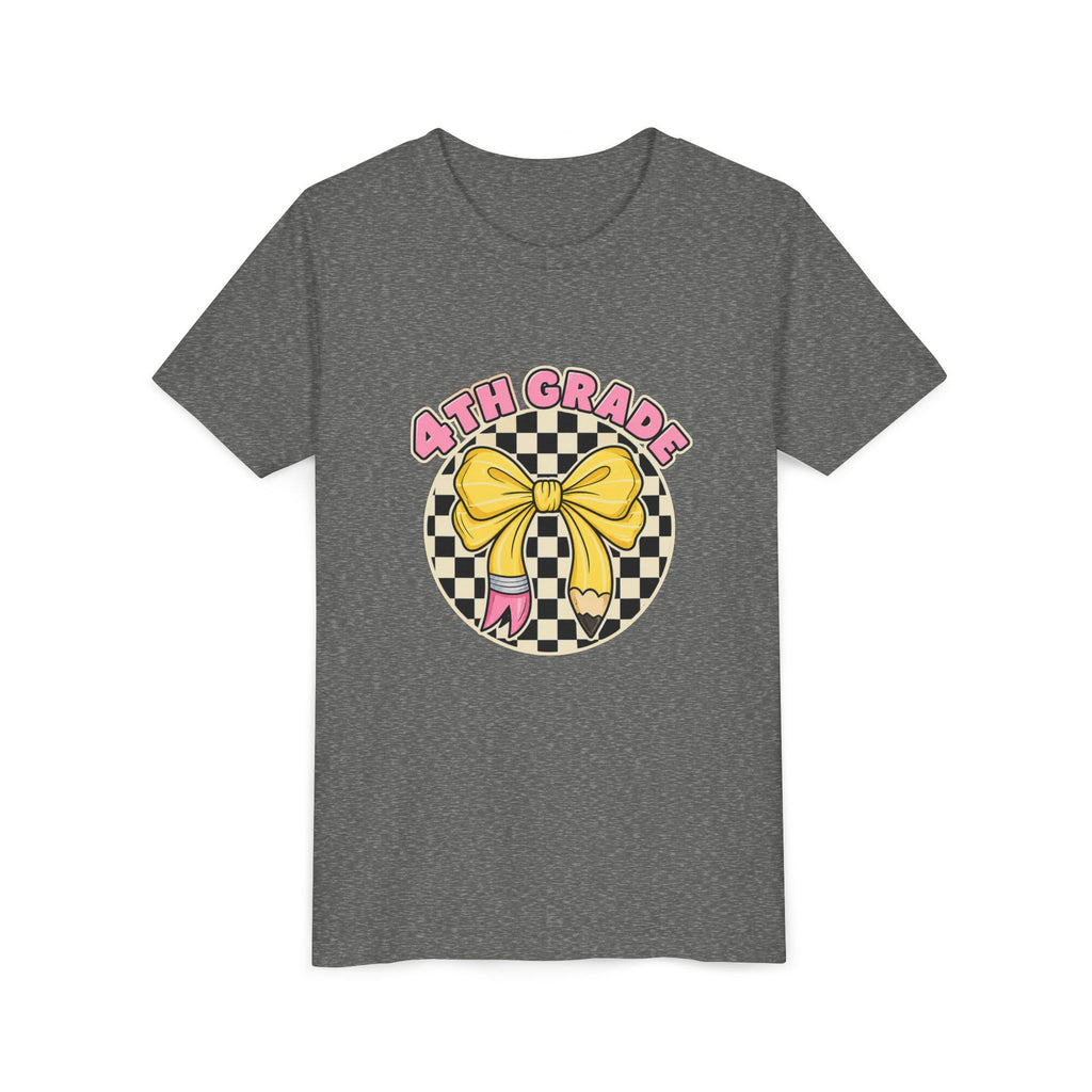 4th Grade Youth Tee — Cute Checkerboard Bow Back-to-School Shirt