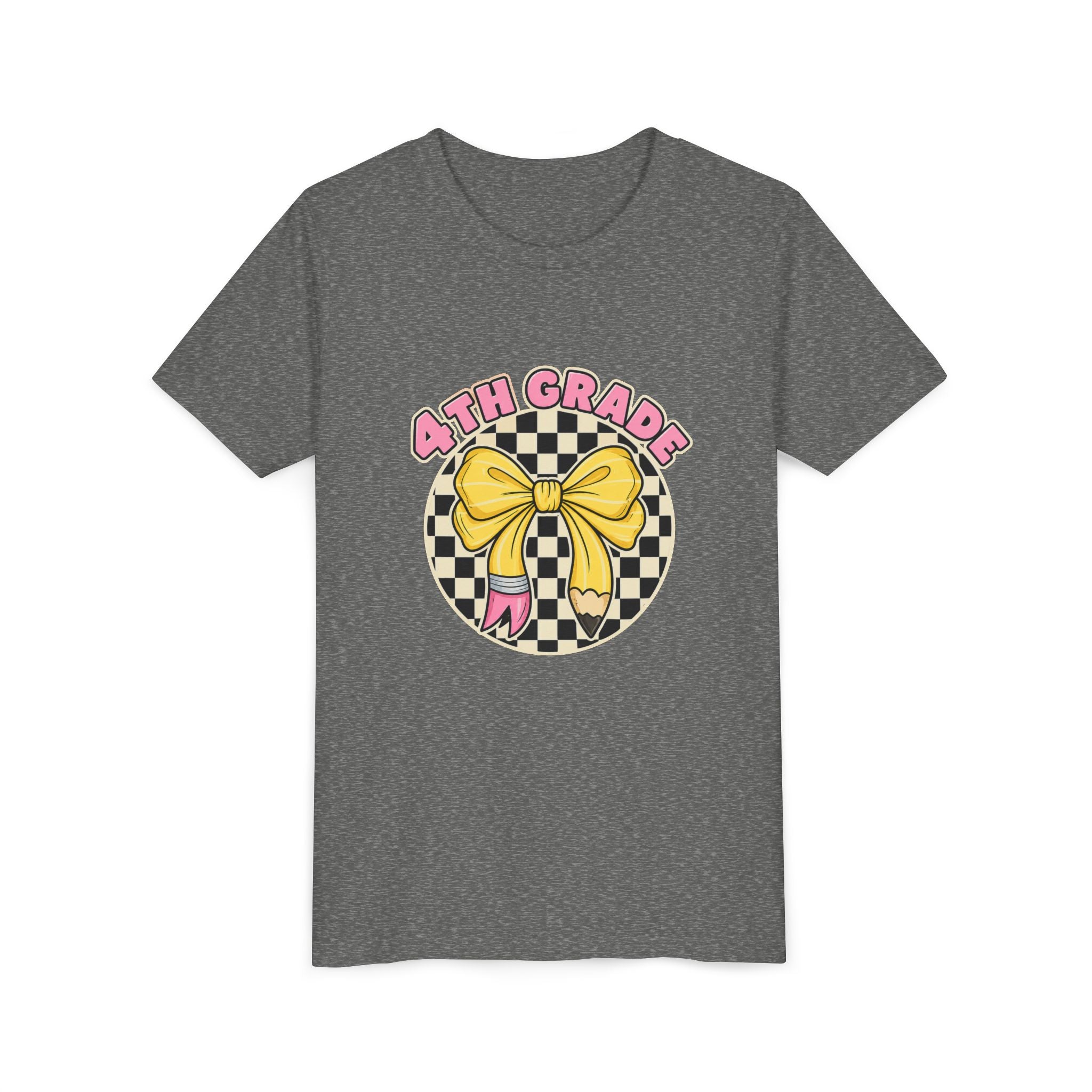 4th Grade Youth Tee — Cute Checkerboard Bow Back-to-School Shirt