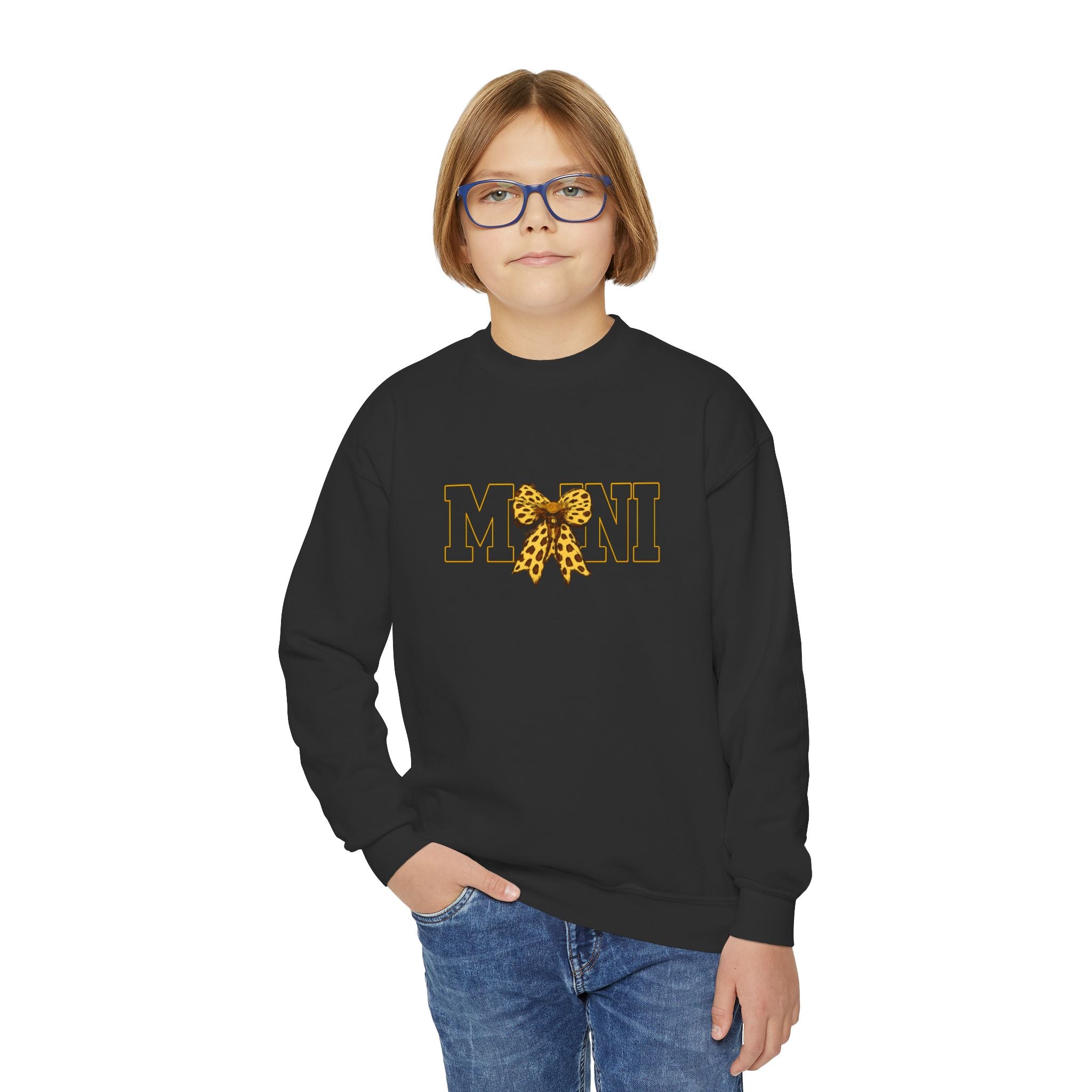 Youth 'Mini' Crewneck Sweatshirt — Leopard Bow Graphic